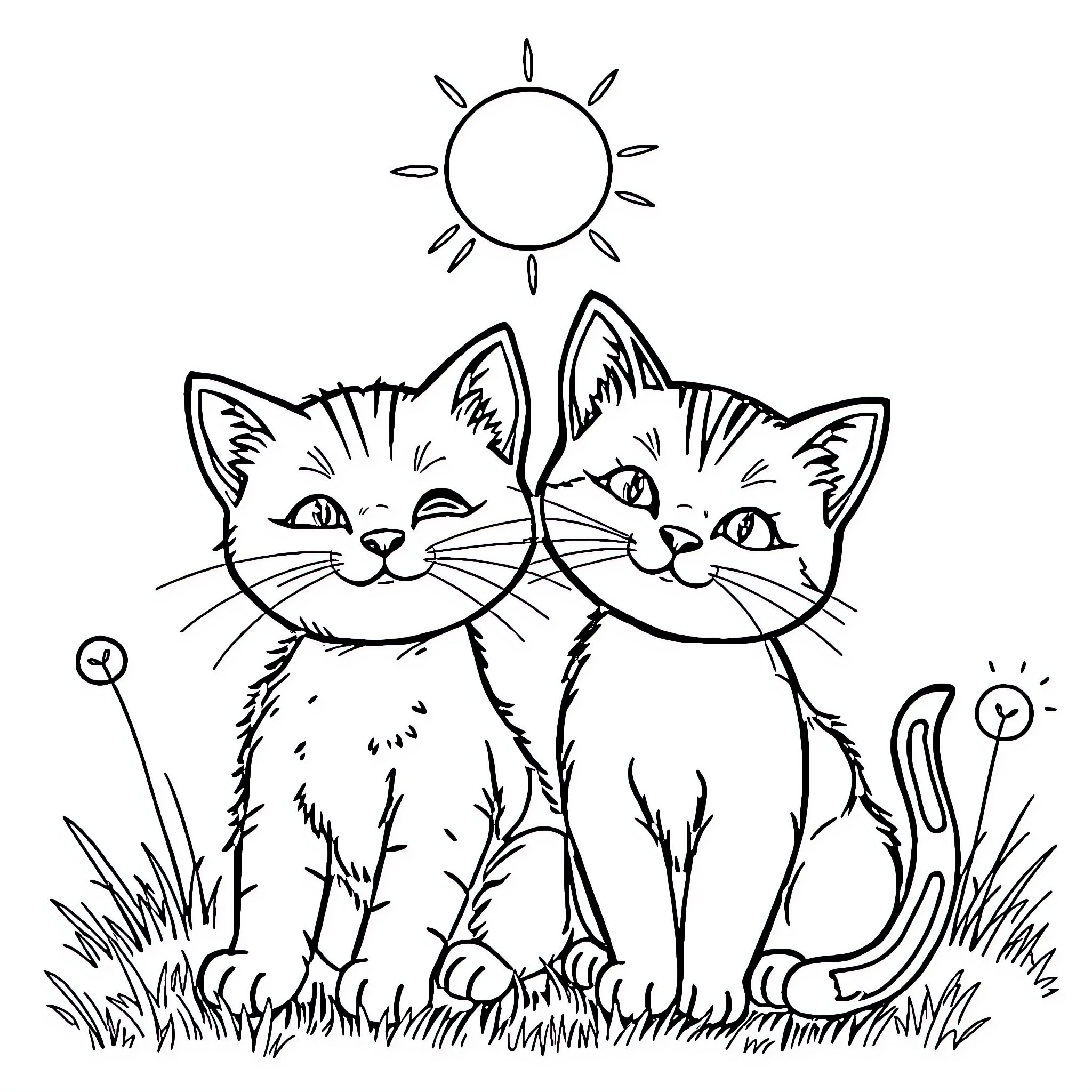 Cats enjoying the sunshine in the meadow Coloring Page (free black-and-white line drawing printable PDF for all, from beginners to advanced learners, including children, teens, adults, and seniors)