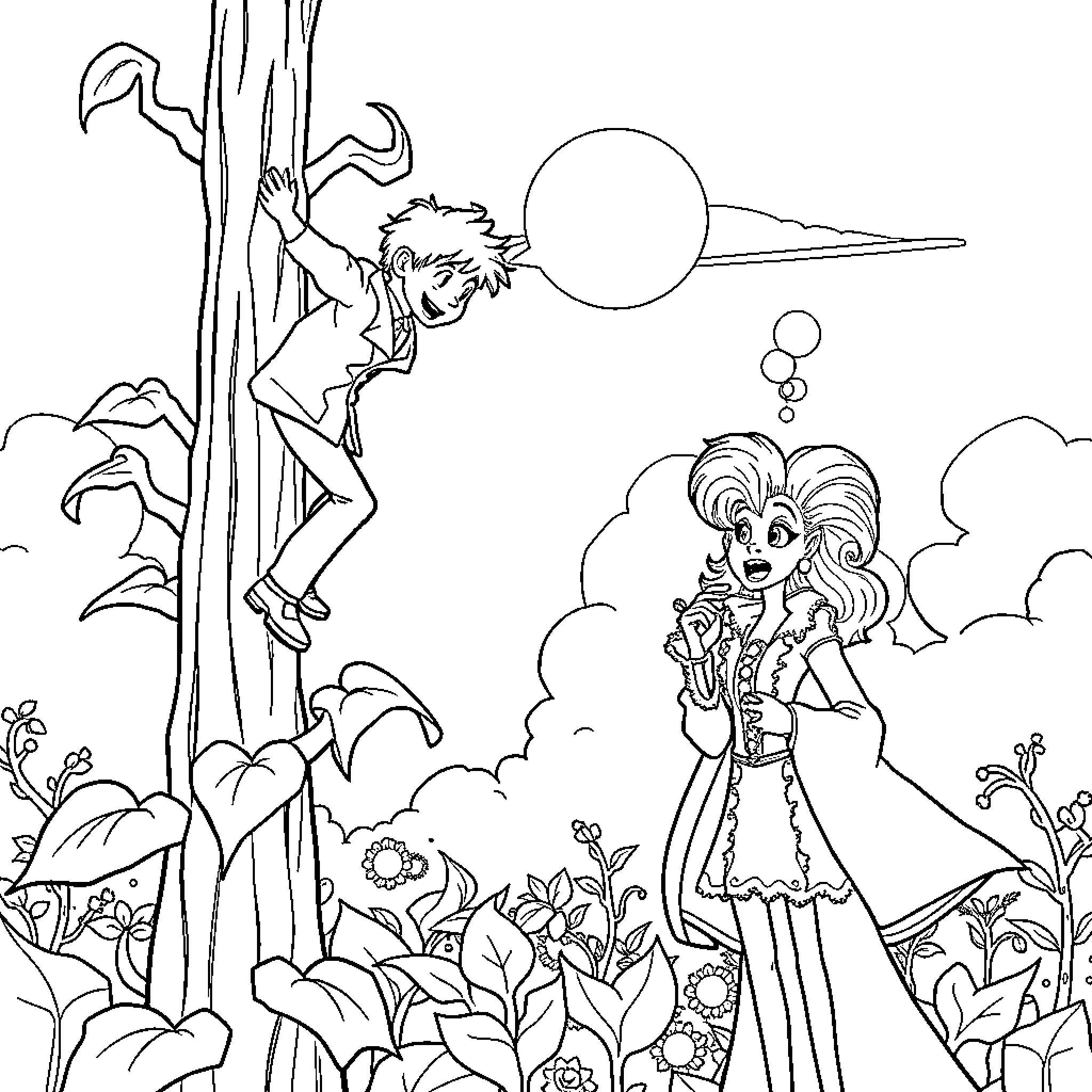 Jack climbing a tree and talking to a girl in a forest Coloring Page (free black-and-white line drawing printable PDF for all, from beginners to advanced learners, including children, teens, adults, and seniors)