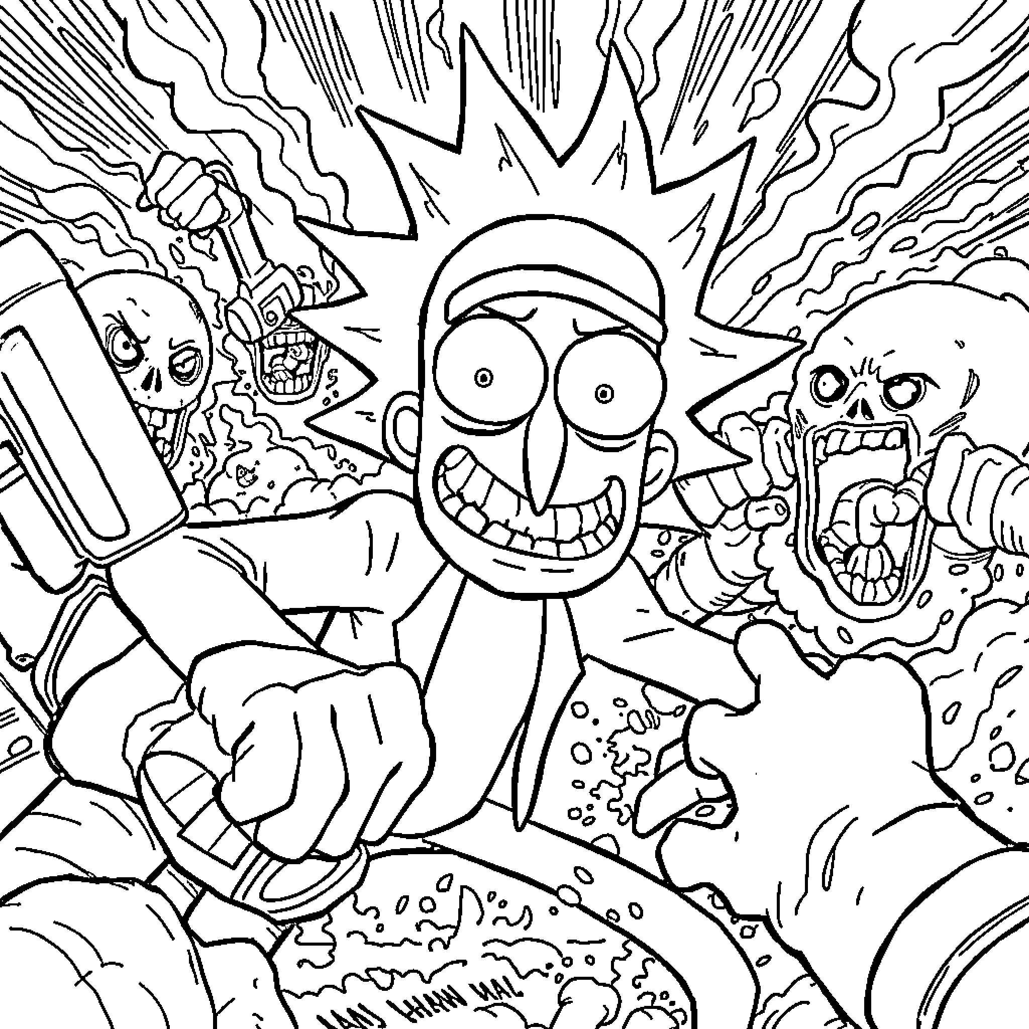 Rick's Chaotic Adventure in the Expressive Realm Coloring Page (free black-and-white line drawing printable PDF for all, from beginners to advanced learners, including children, teens, adults, and seniors)