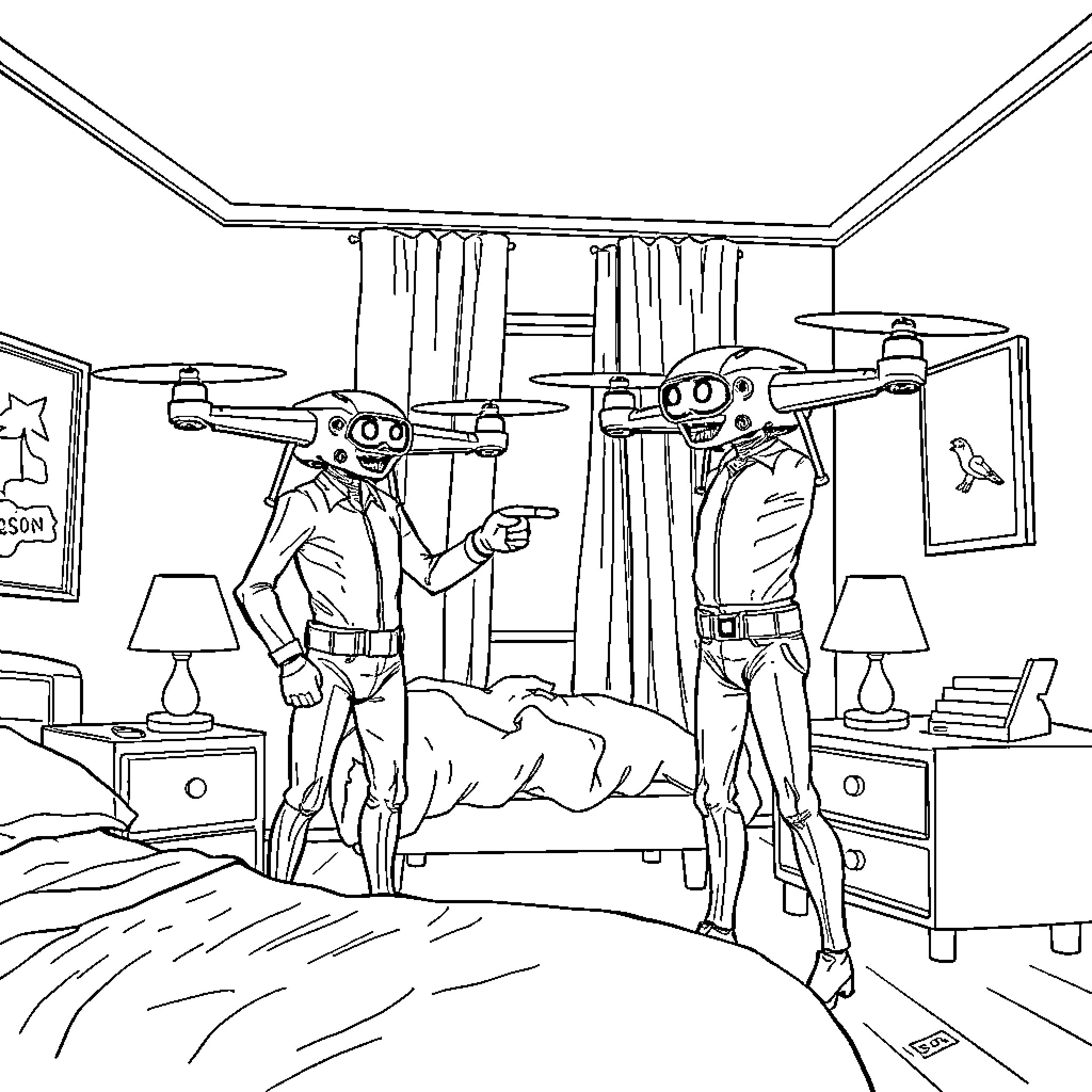 New explorers surveying their discovery in bedroom Coloring Page (free black-and-white line drawing printable PDF for all, from beginners to advanced learners, including children, teens, adults, and seniors)