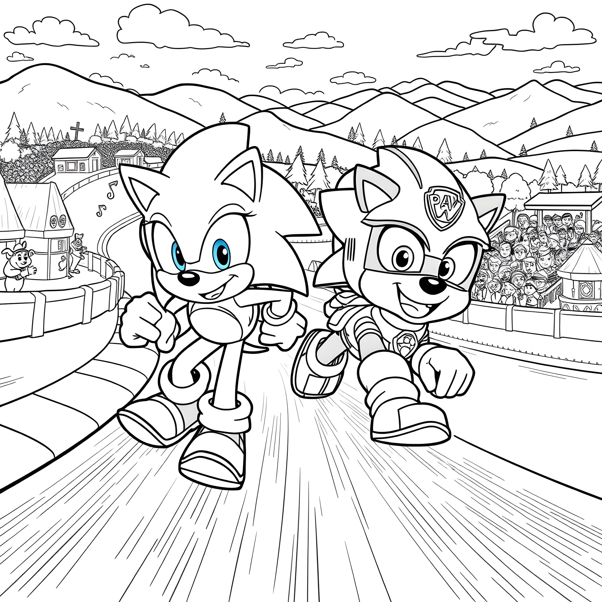 Sonic and Friends Rushing Through Scenic Landscape Coloring Page (free black-and-white line drawing printable PDF for all, from beginners to advanced learners, including children, teens, adults, and seniors)
