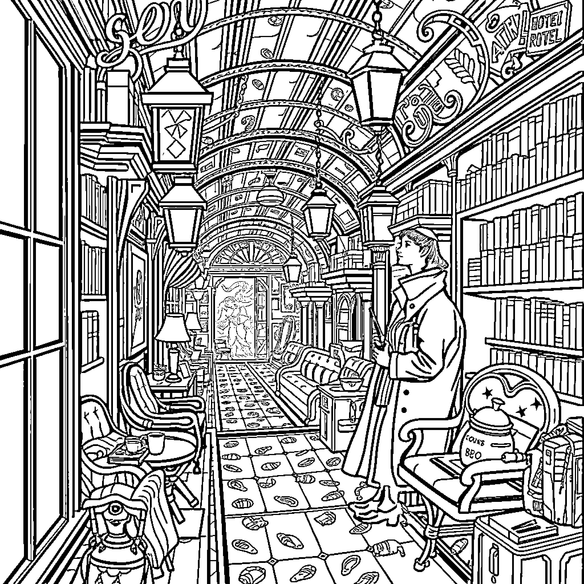 Detective Investigates Mysterious Library Scene Coloring Page (free black-and-white line drawing printable PDF for all, from beginners to advanced learners, including children, teens, adults, and seniors)