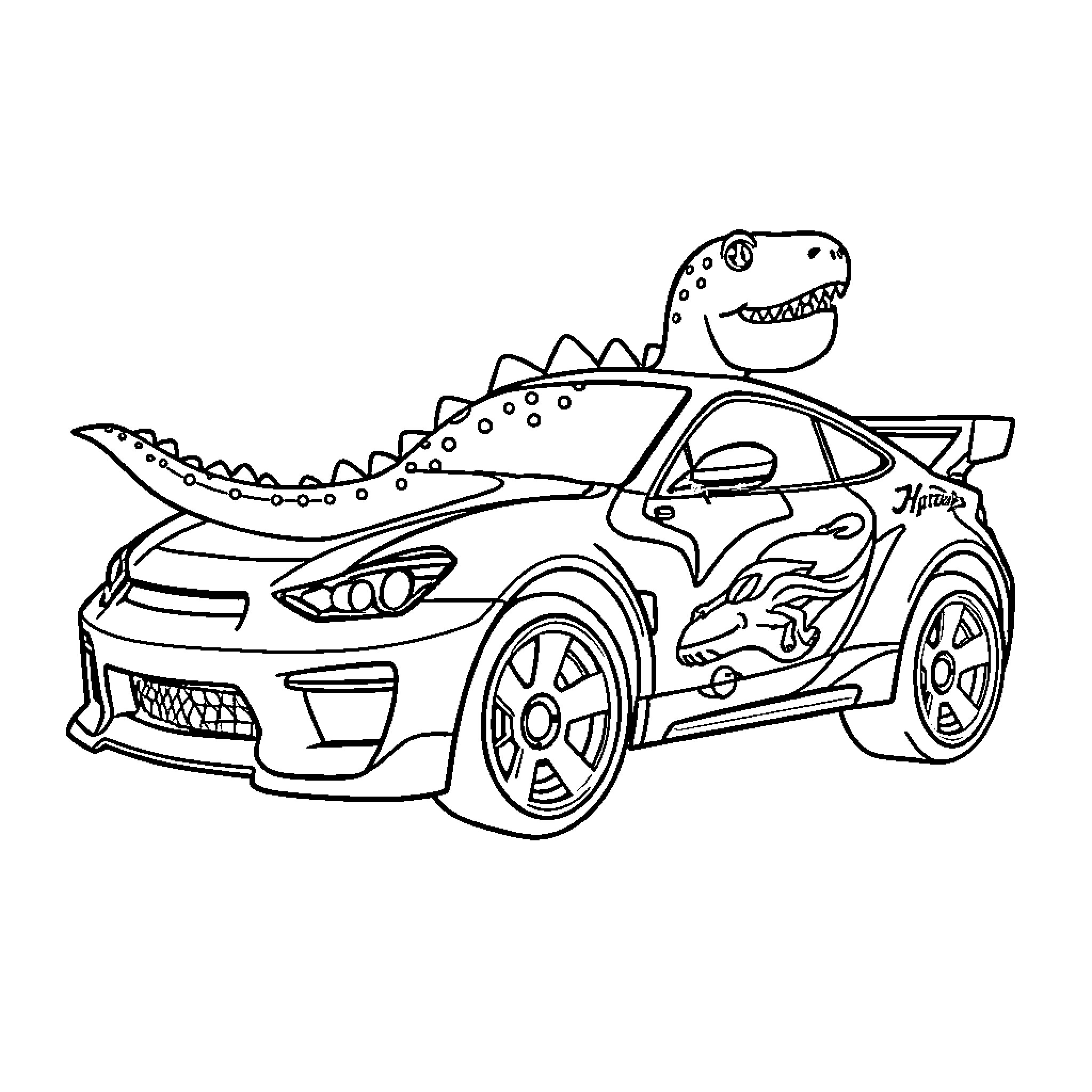 Car with Dinosaur Character Riding Coloring Page (free black-and-white line drawing printable PDF for all, from beginners to advanced learners, including children, teens, adults, and seniors)