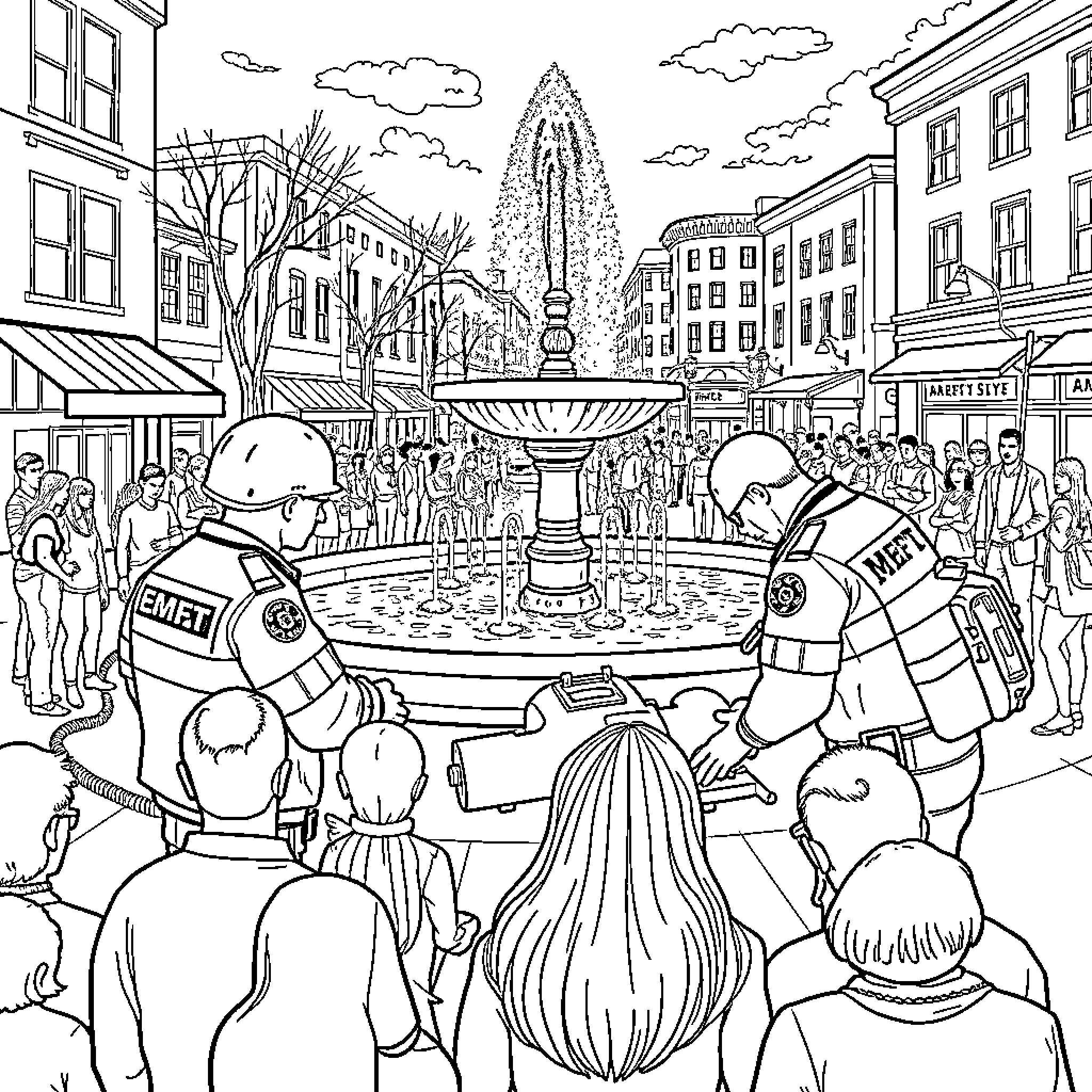 Fountain of people in a bustling city scene Coloring Page (free black-and-white line drawing printable PDF for all, from beginners to advanced learners, including children, teens, adults, and seniors)