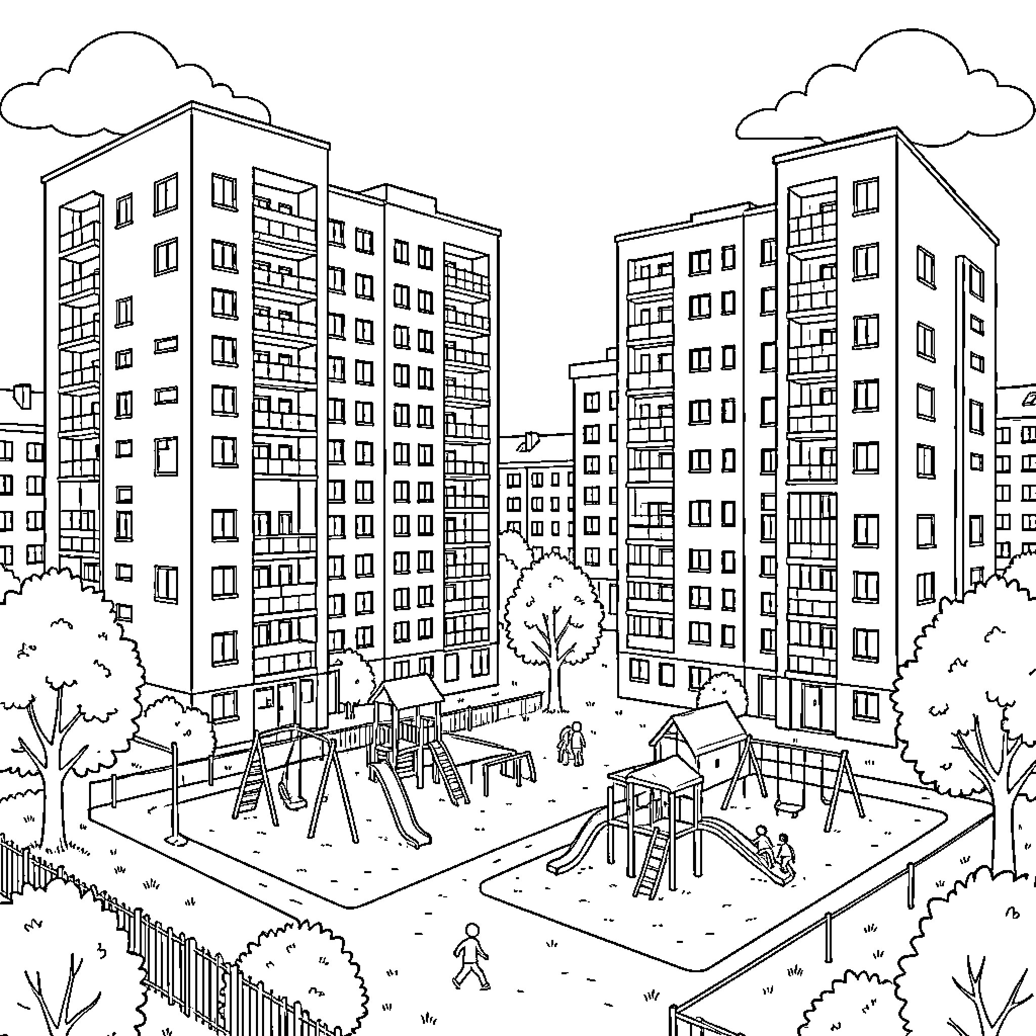 London apartment buildings overlooking a busy playground scene Coloring Page (free black-and-white line drawing printable PDF for all, from beginners to advanced learners, including children, teens, adults, and seniors)