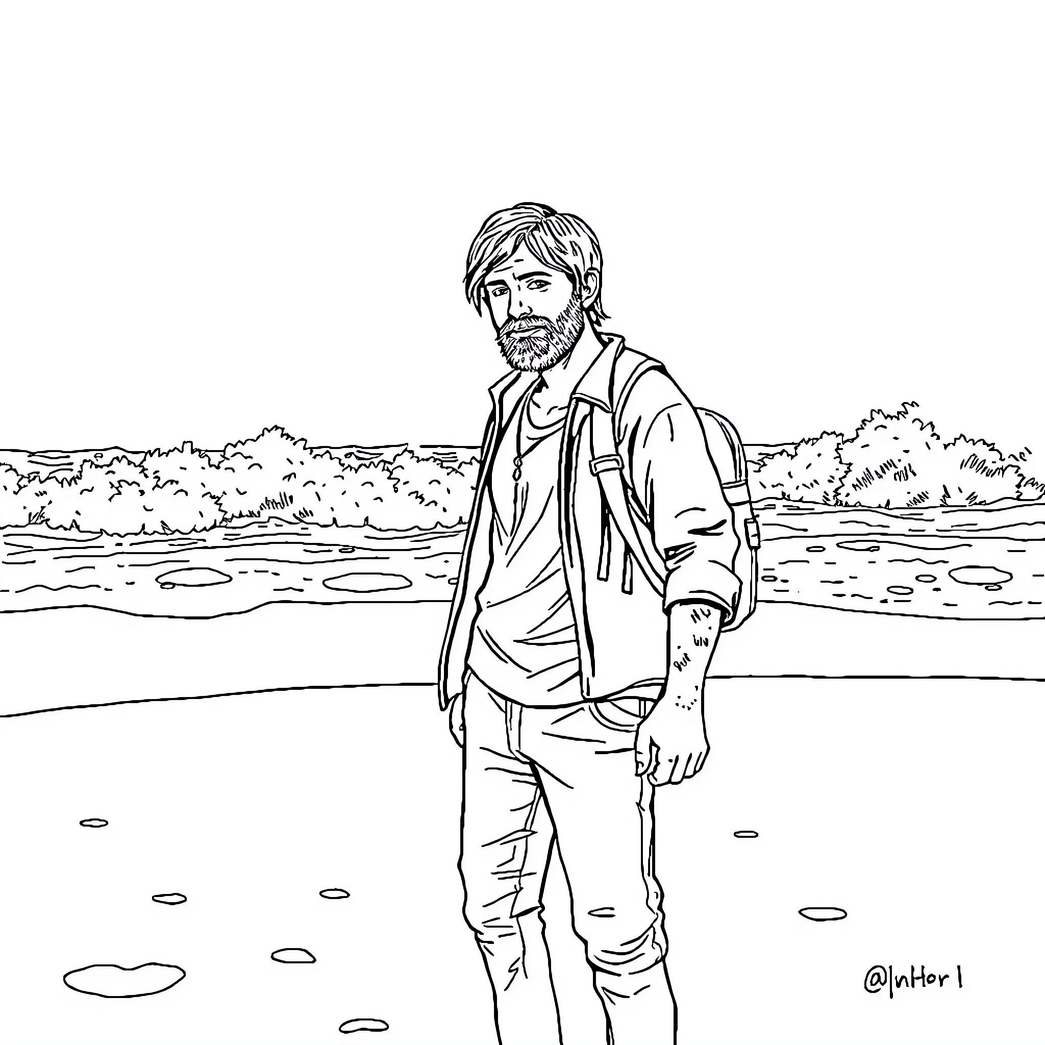 Eli standing solemnly in a remote outdoor setting Coloring Page (free black-and-white line drawing printable PDF for all, from beginners to advanced learners, including children, teens, adults, and seniors)