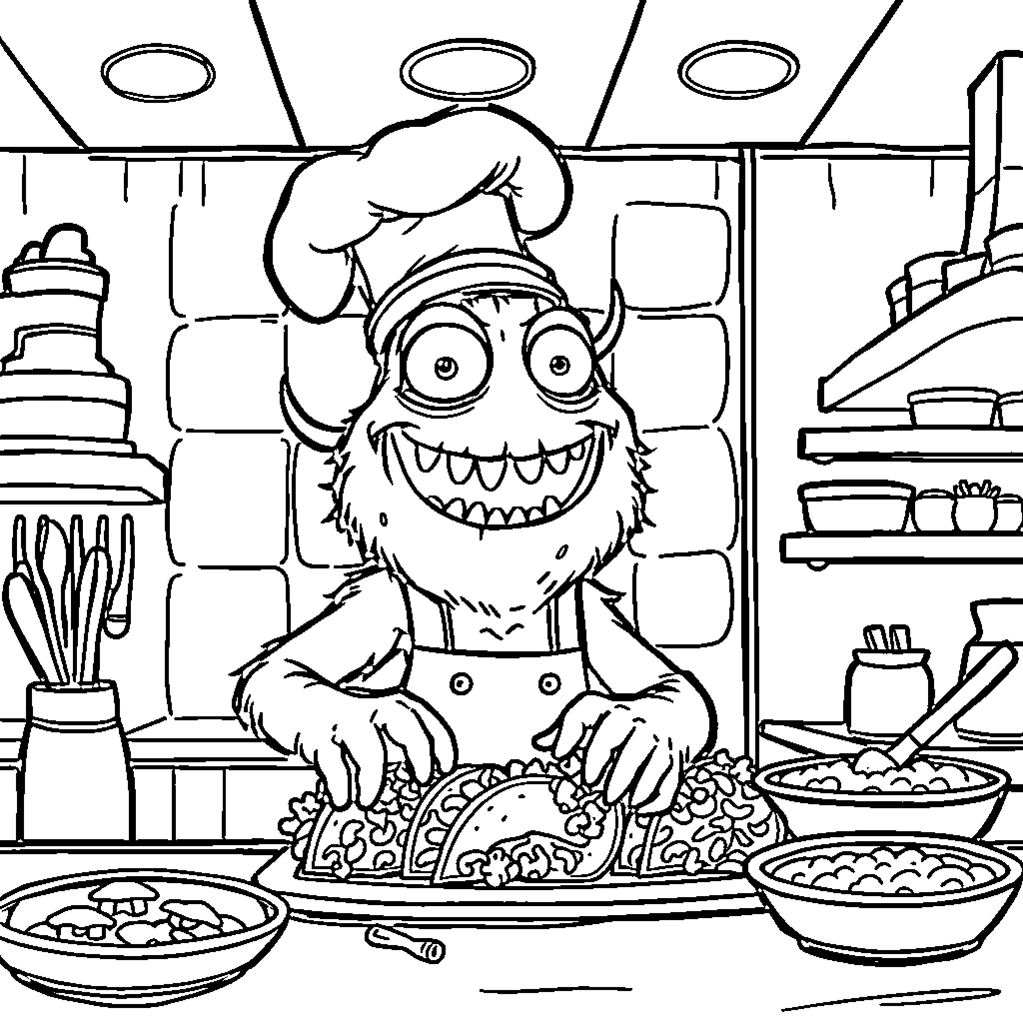 Monster Chef Preparing Delicious Meals in Kitchen Coloring Page (free black-and-white line drawing printable PDF for all, from beginners to advanced learners, including children, teens, adults, and seniors)
