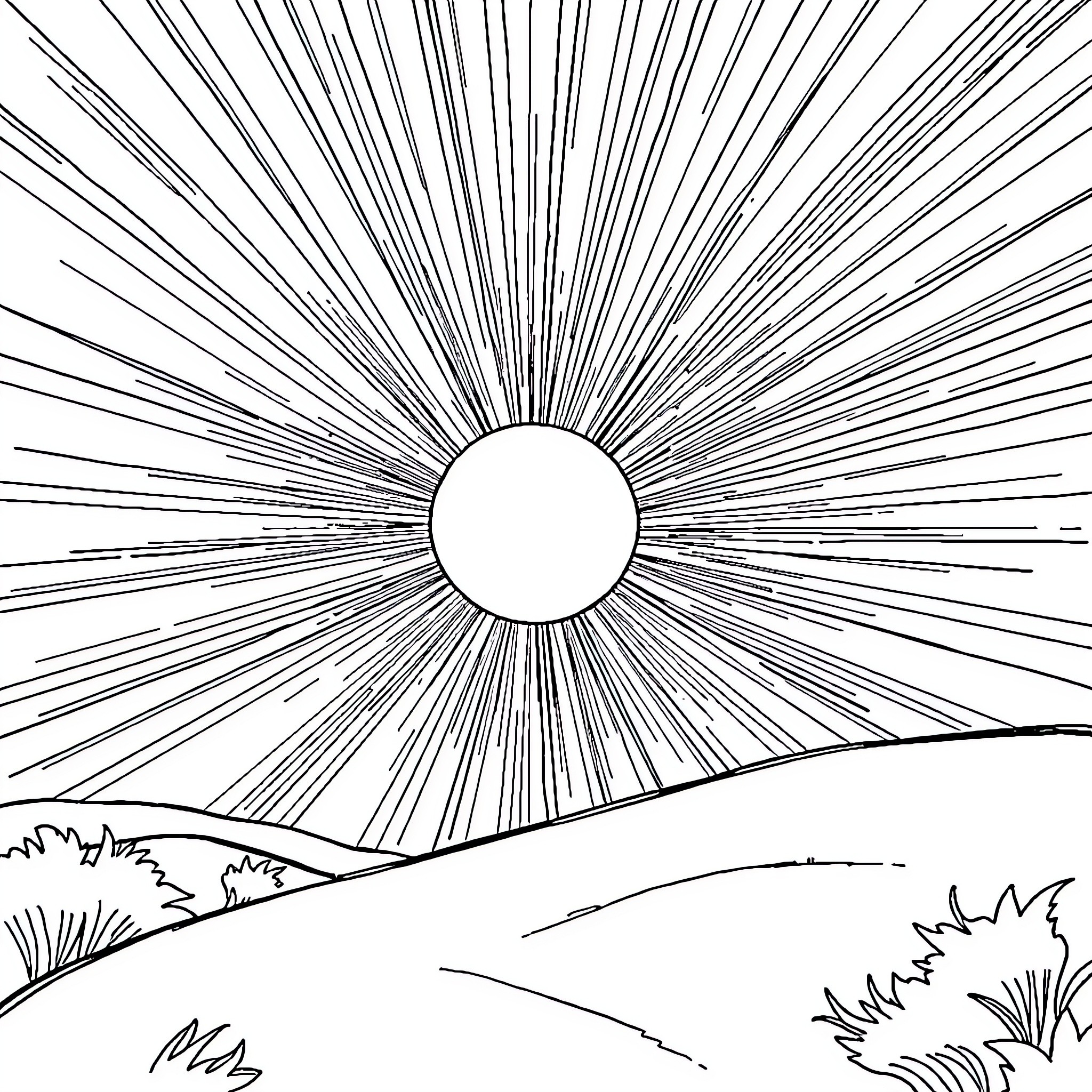 Sun beaming over hills and landscape Coloring Page (free black-and-white line drawing printable PDF for all, from beginners to advanced learners, including children, teens, adults, and seniors)