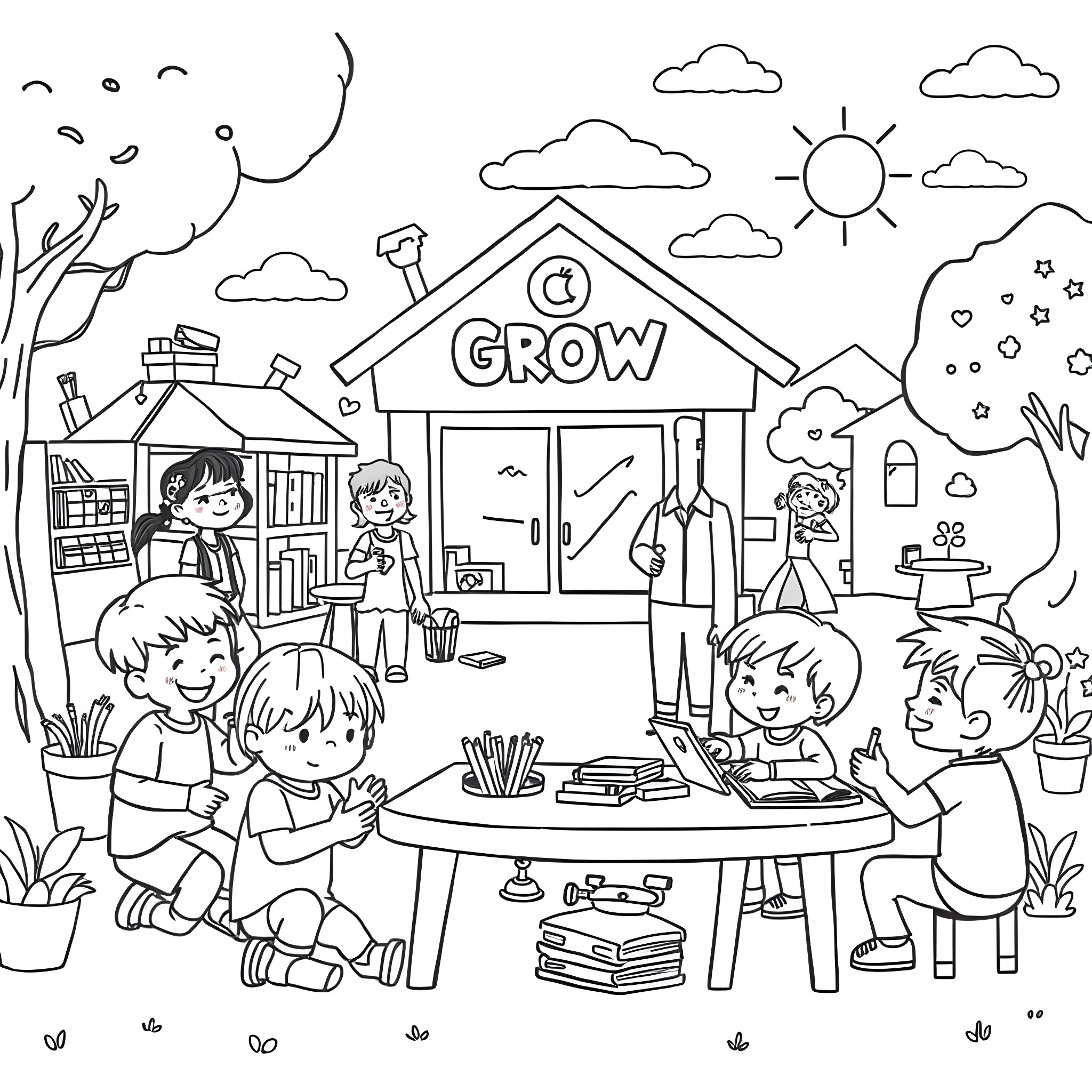 Kids in a learning center exploring and playing Coloring Page (free black-and-white line drawing printable PDF for all, from beginners to advanced learners, including children, teens, adults, and seniors)