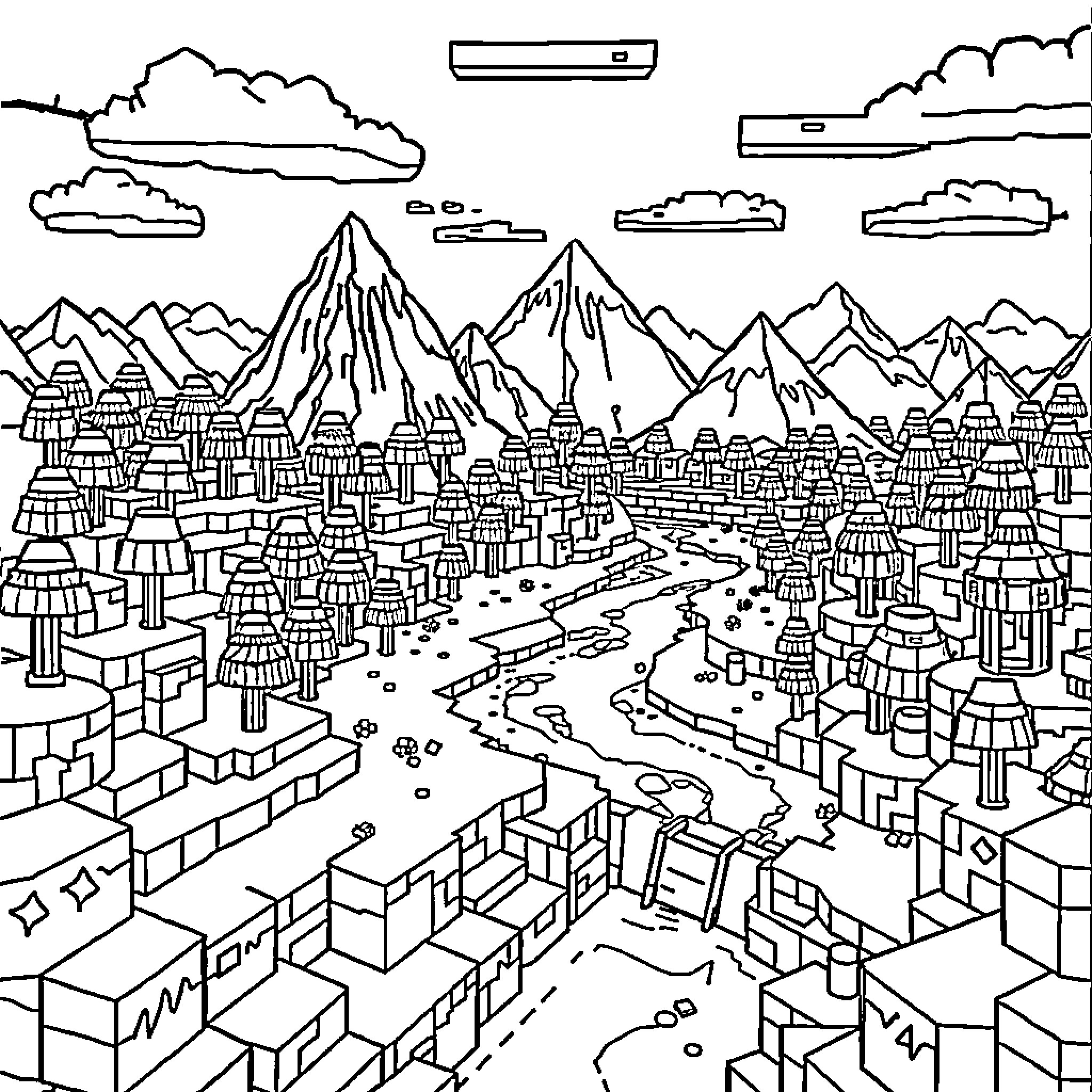 Minecraft Fantasy Landscape with Mountains and Villages Coloring Page (free black-and-white line drawing printable PDF for all, from beginners to advanced learners, including children, teens, adults, and seniors)