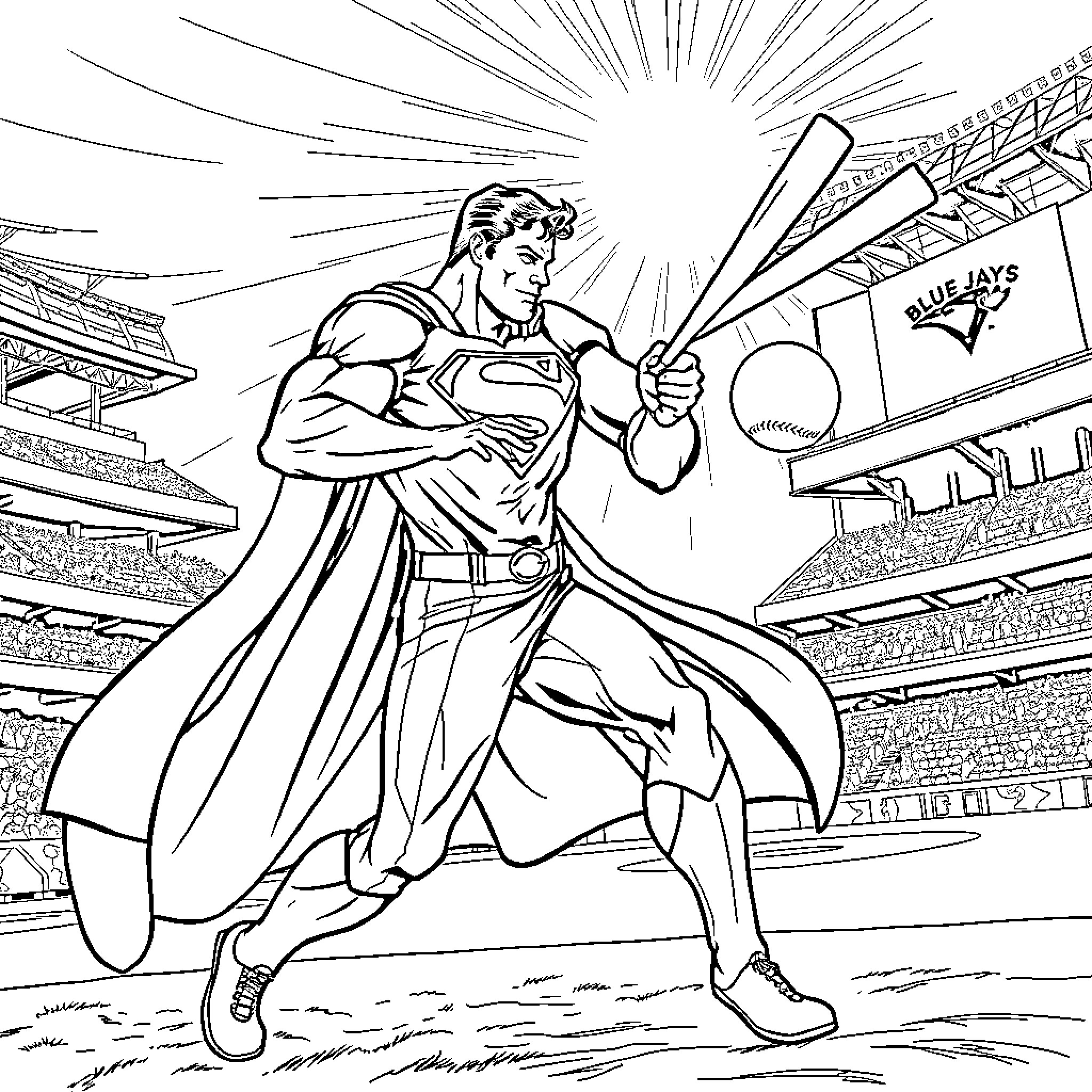 Superman Superhero Celebrating Victory at Baseball Stadium Coloring Page (free black-and-white line drawing printable PDF for all, from beginners to advanced learners, including children, teens, adults, and seniors)