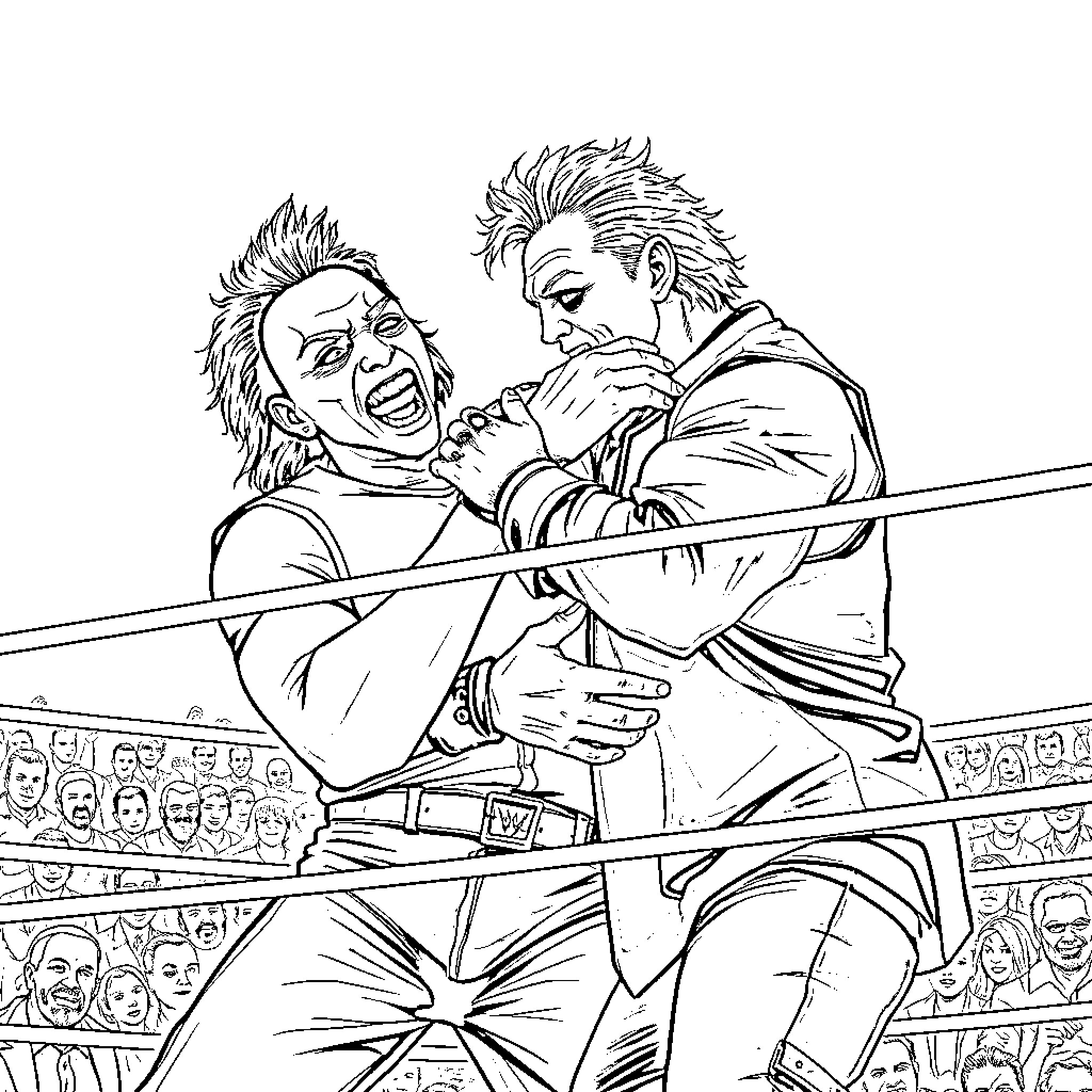 Mike Myers in a heated wrestling match Coloring Page (free black-and-white line drawing printable PDF for all, from beginners to advanced learners, including children, teens, adults, and seniors)