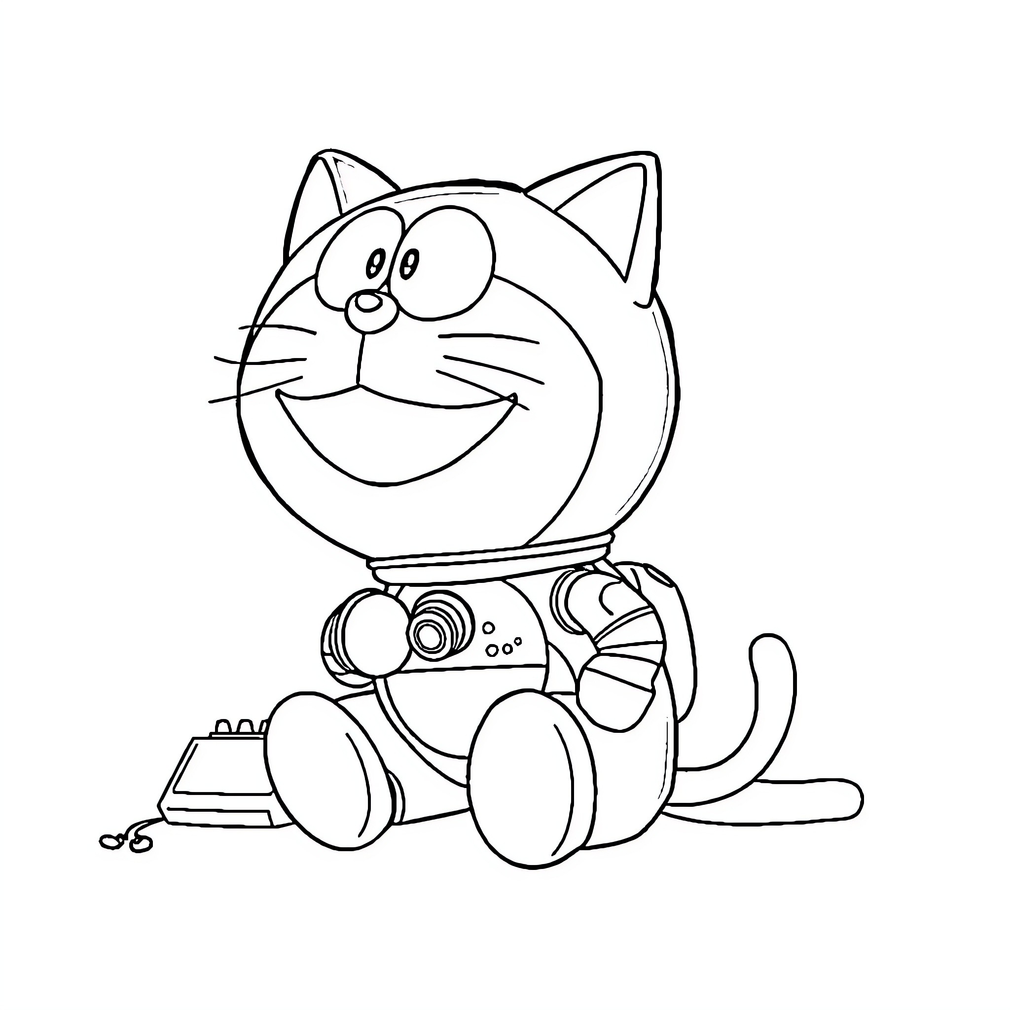 Doraemon playing with robot gadgets Coloring Page (free black-and-white line drawing printable PDF for all, from beginners to advanced learners, including children, teens, adults, and seniors)