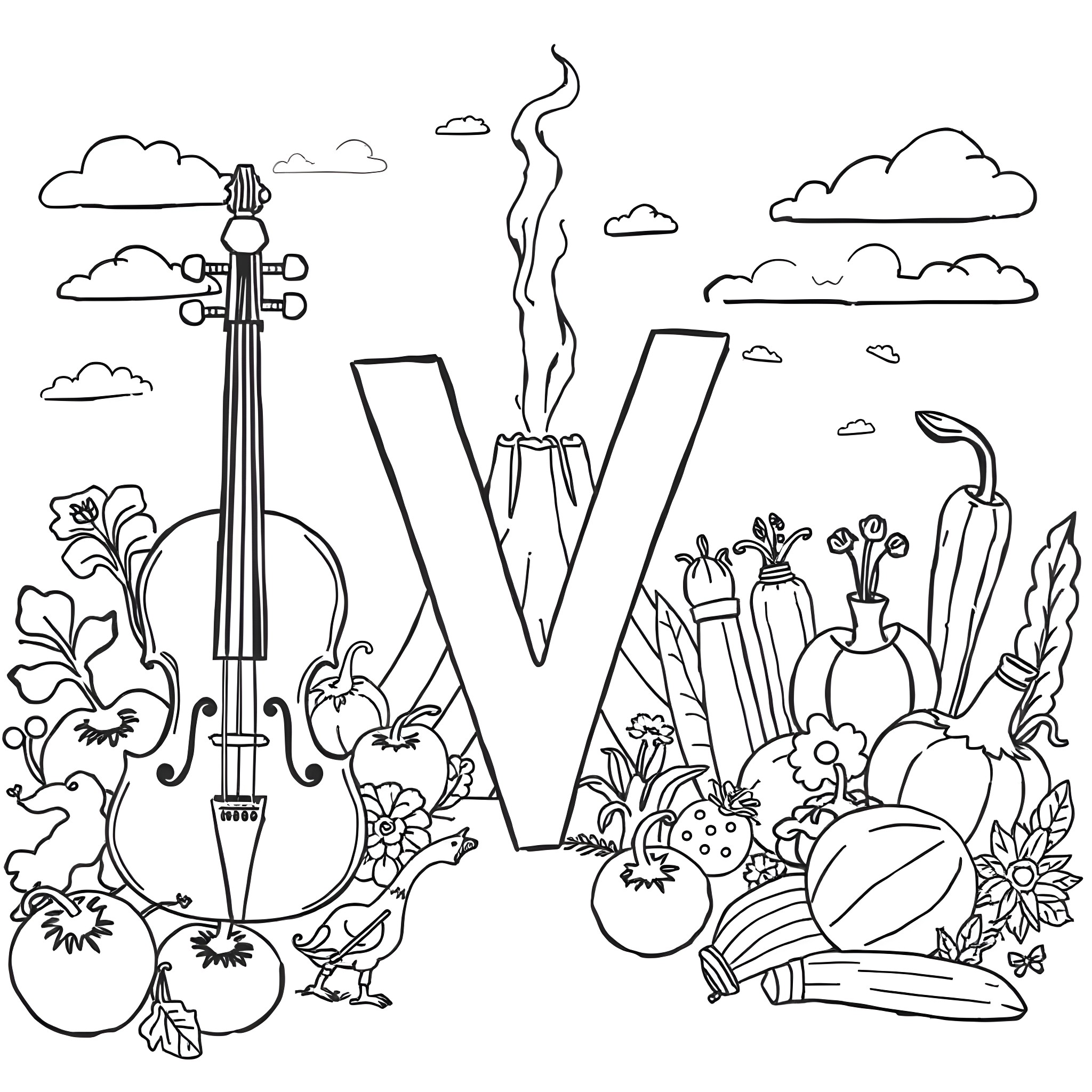 Letter V Featuring Musical Instruments and Scenic Elements Coloring Page (free black-and-white line drawing printable PDF for all, from beginners to advanced learners, including children, teens, adults, and seniors)