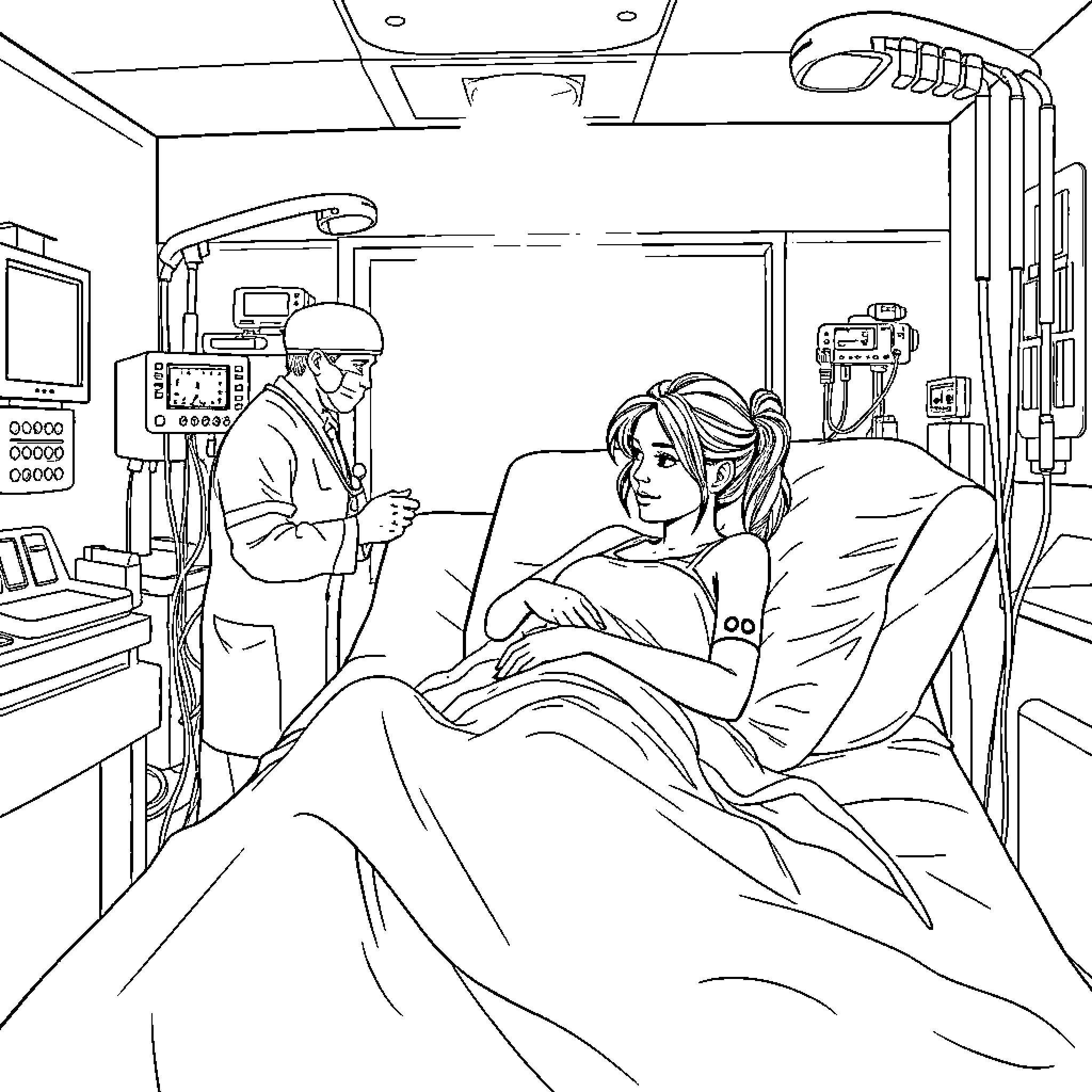 Lara Croft resting in hospital bed with medical equipment Coloring Page (free black-and-white line drawing printable PDF for all, from beginners to advanced learners, including children, teens, adults, and seniors)