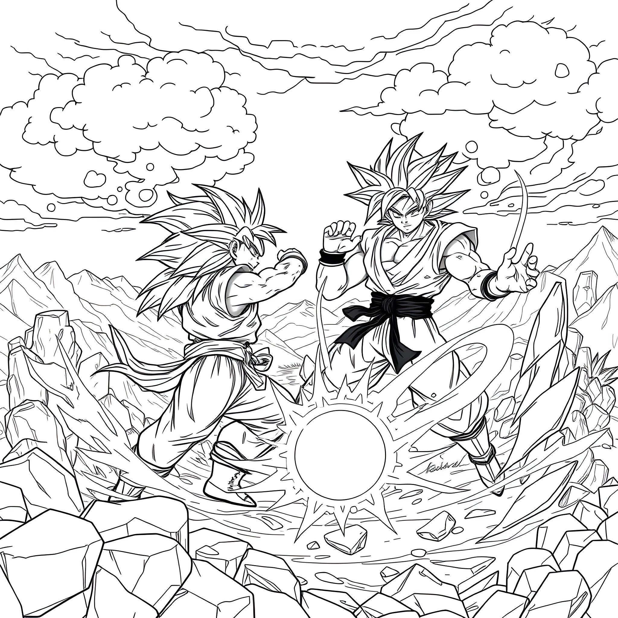 Dragonball characters in an epic battle scene Coloring Page (free black-and-white line drawing printable PDF for all, from beginners to advanced learners, including children, teens, adults, and seniors)
