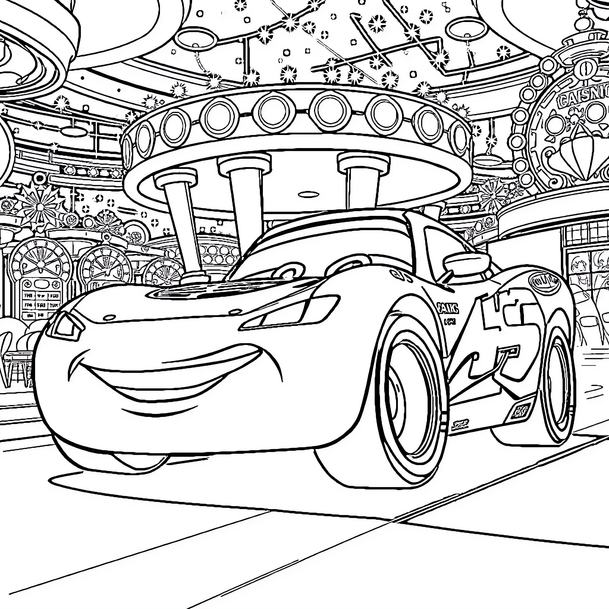 Rayo McQueen racing through a colorful scene Coloring Page (free black-and-white line drawing printable PDF for all, from beginners to advanced learners, including children, teens, adults, and seniors)