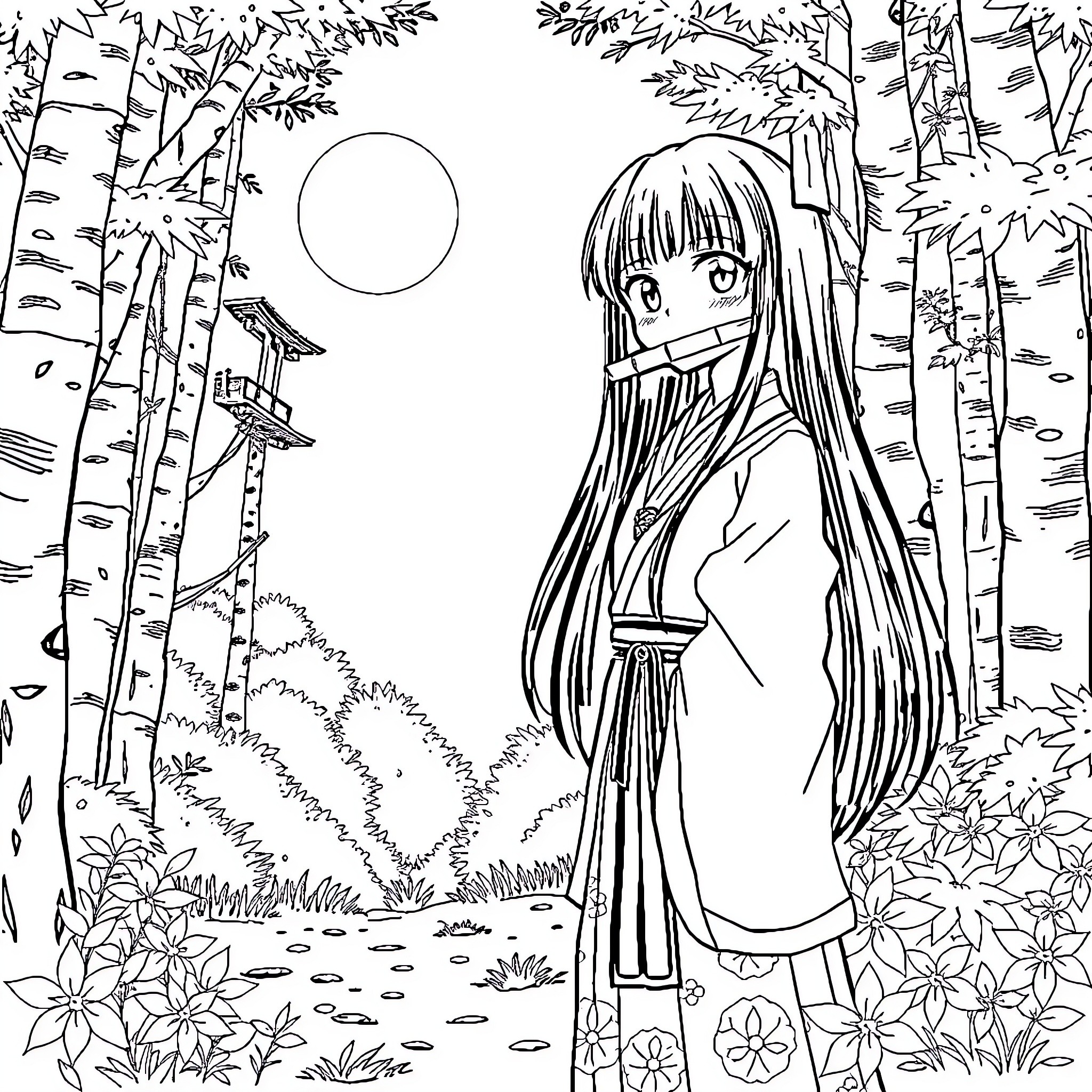Nezuko in the Tranquil Forest Landscape Coloring Page (free black-and-white line drawing printable PDF for all, from beginners to advanced learners, including children, teens, adults, and seniors)
