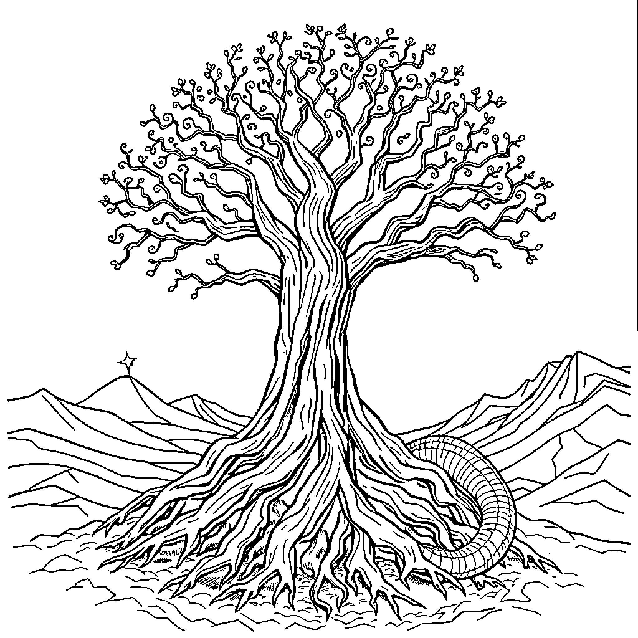 Yggdrasil, the mythical tree of life Coloring Page (free black-and-white line drawing printable PDF for all, from beginners to advanced learners, including children, teens, adults, and seniors)
