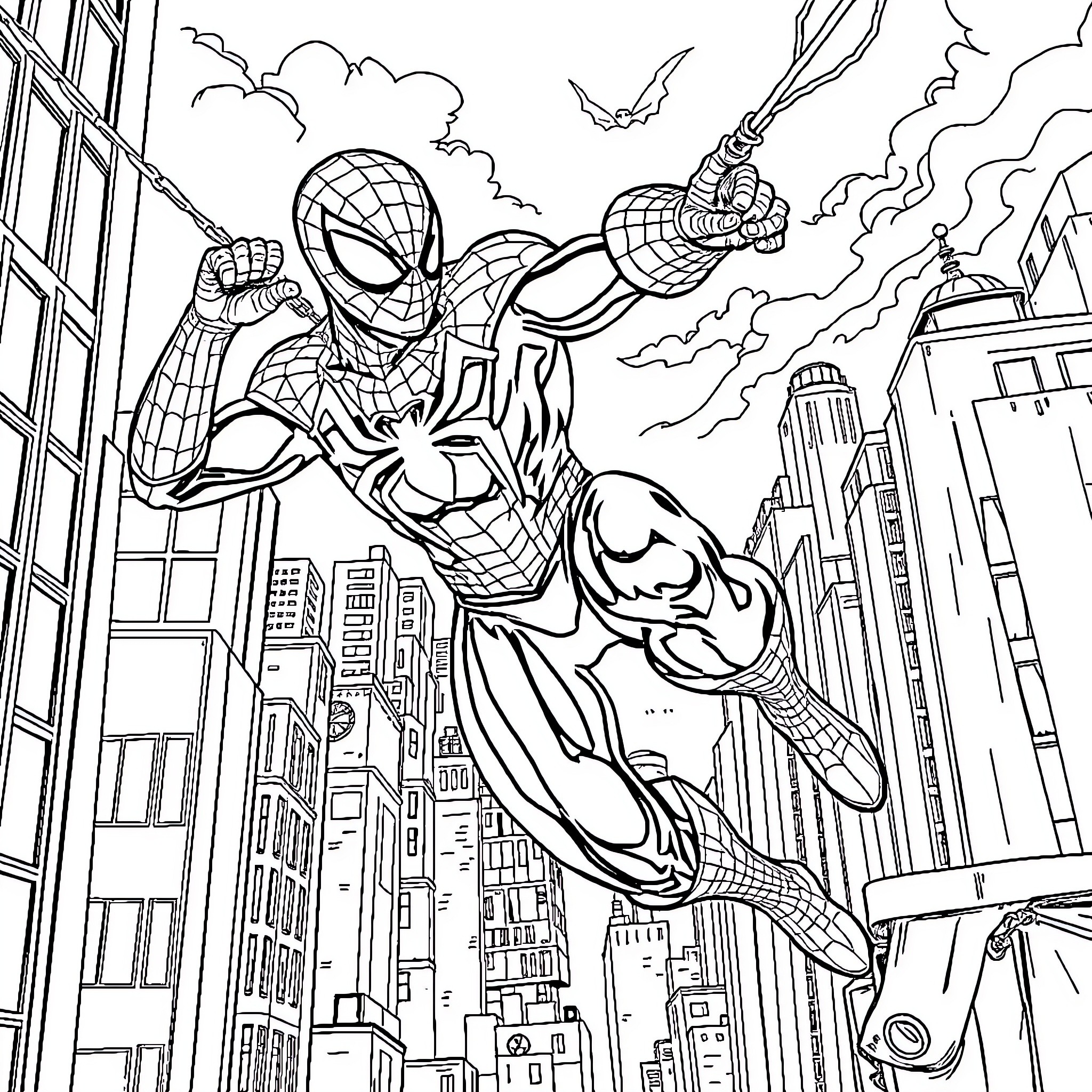 Spider-Man swinging through the city skyline Coloring Page (free black-and-white line drawing printable PDF for all, from beginners to advanced learners, including children, teens, adults, and seniors)