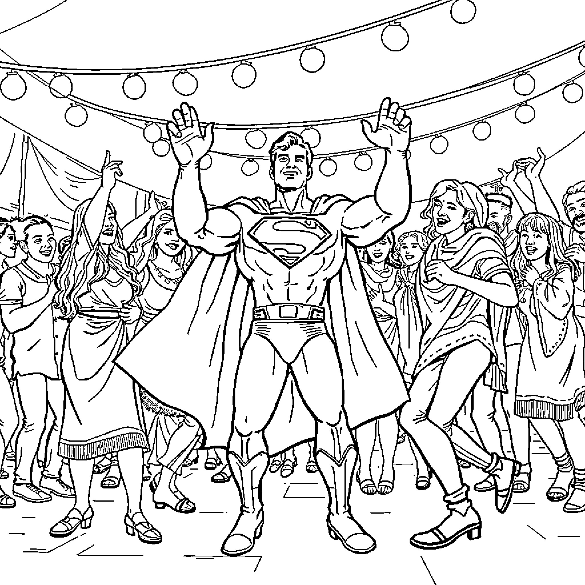Superman celebrates with a cheering crowd Coloring Page (free black-and-white line drawing printable PDF for all, from beginners to advanced learners, including children, teens, adults, and seniors)