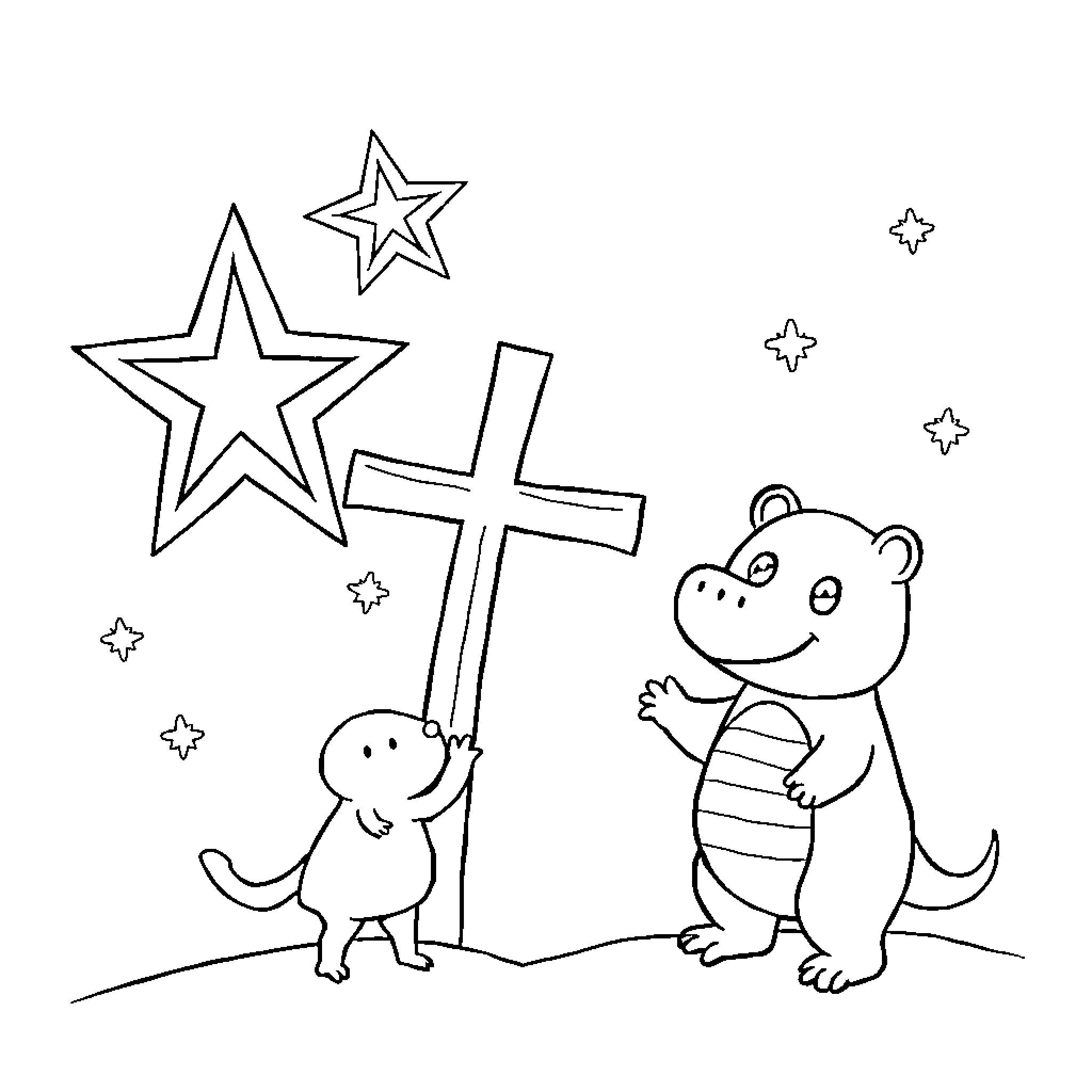 Shape of Playful Creatures under Starry Sky Coloring Page (free black-and-white line drawing printable PDF for all, from beginners to advanced learners, including children, teens, adults, and seniors)