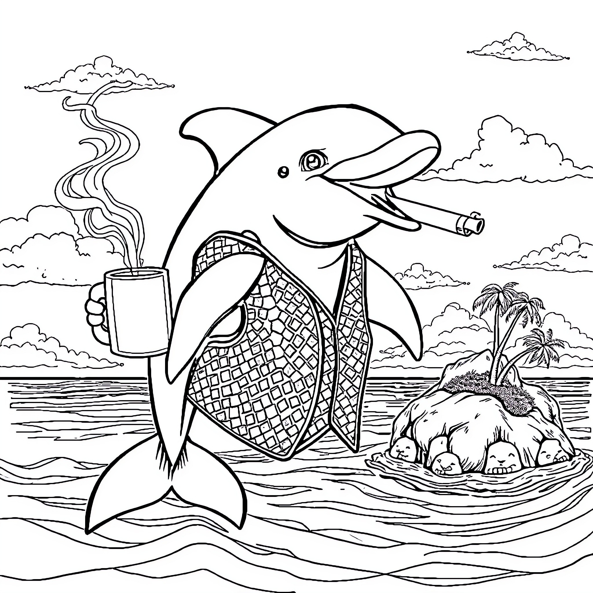 Dolphin Enjoying a Tropical Vacation Coloring Page (free black-and-white line drawing printable PDF for all, from beginners to advanced learners, including children, teens, adults, and seniors)