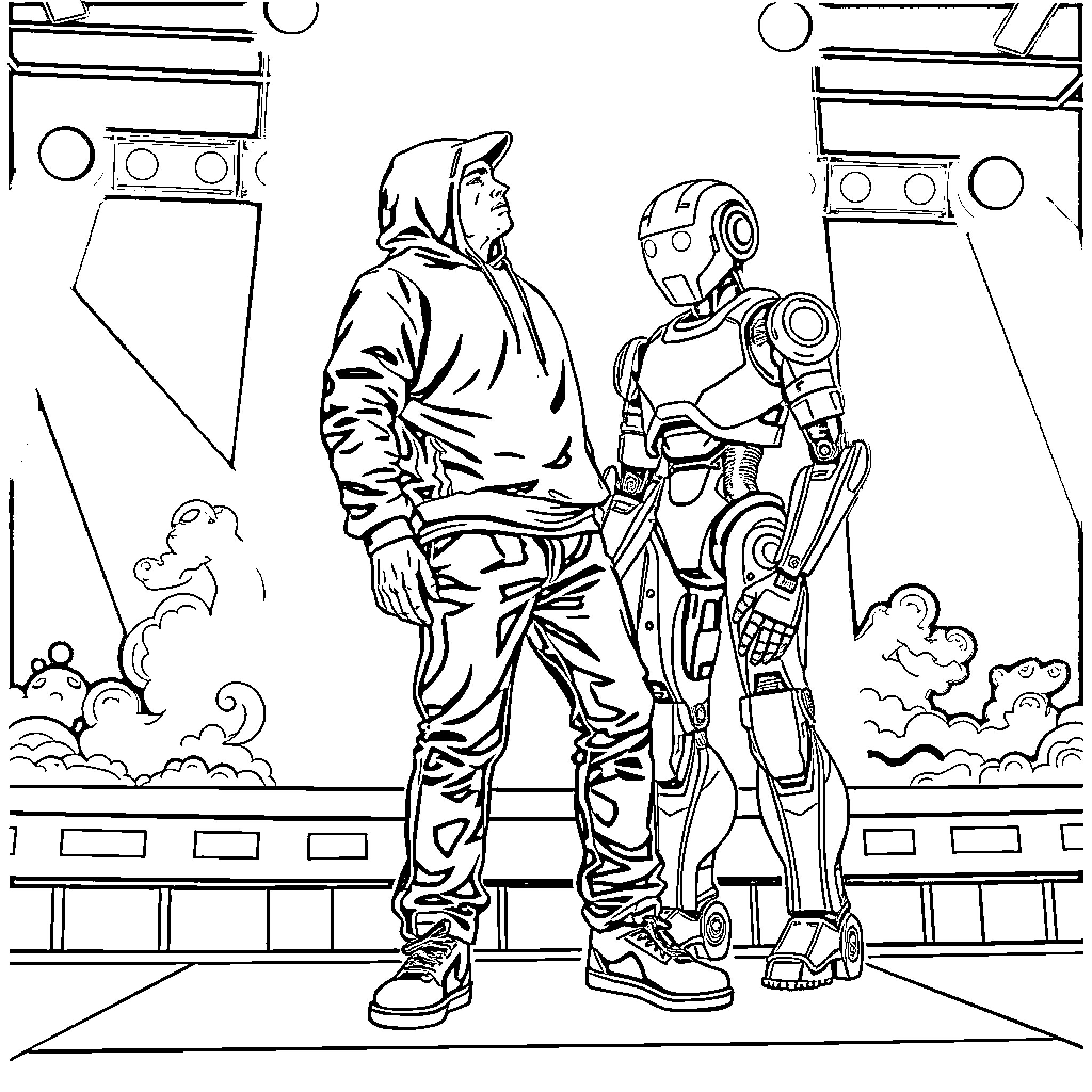 Eminem and Robot Friend in Futuristic Landscape Coloring Page (free black-and-white line drawing printable PDF for all, from beginners to advanced learners, including children, teens, adults, and seniors)