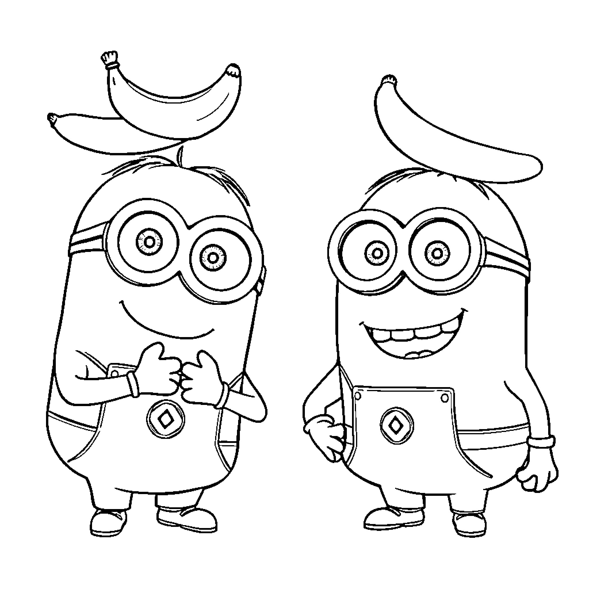 Minions enjoying their day with bananas and tools Coloring Page (free black-and-white line drawing printable PDF for all, from beginners to advanced learners, including children, teens, adults, and seniors)