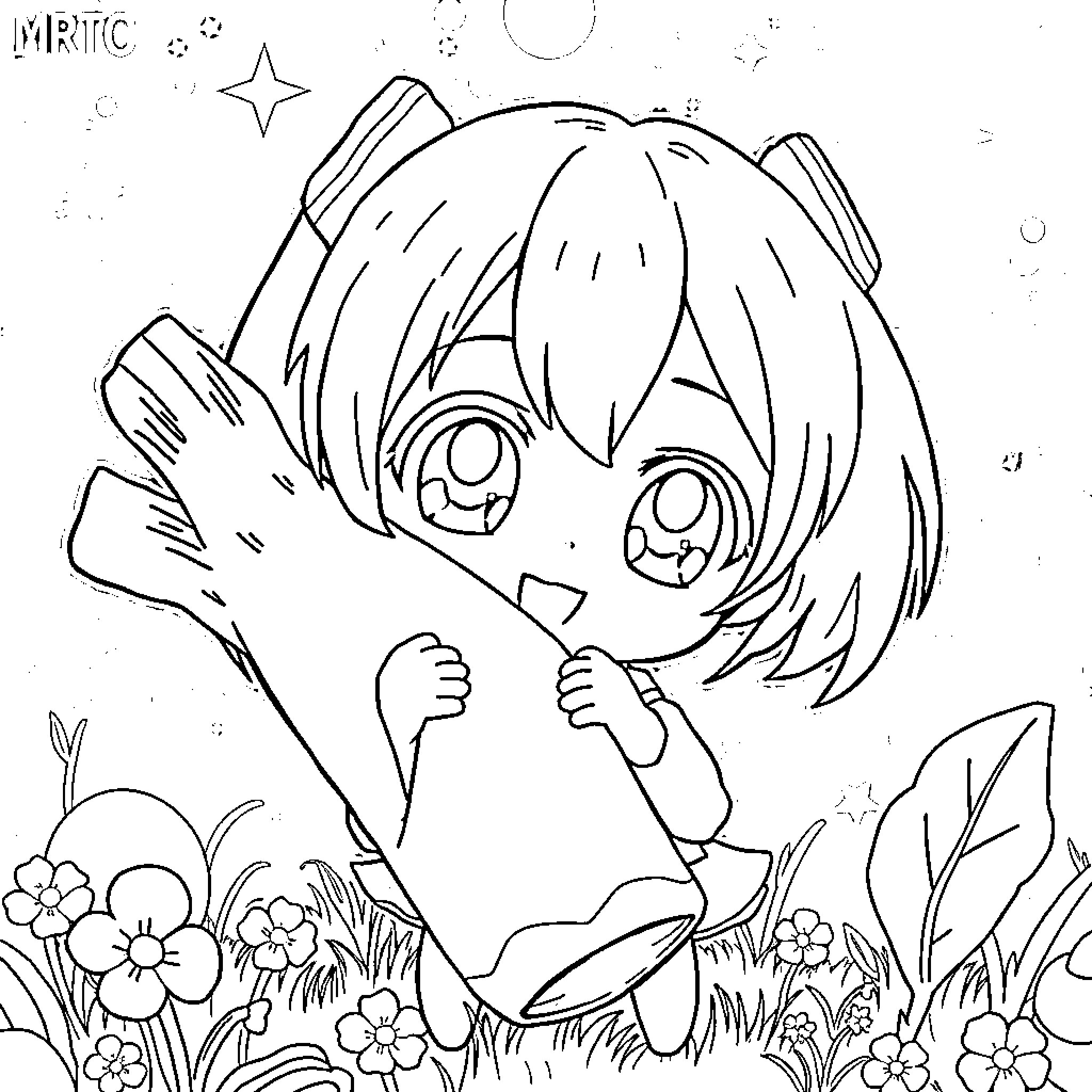 Hatsune Miku in a whimsical nature setting Coloring Page (free black-and-white line drawing printable PDF for all, from beginners to advanced learners, including children, teens, adults, and seniors)