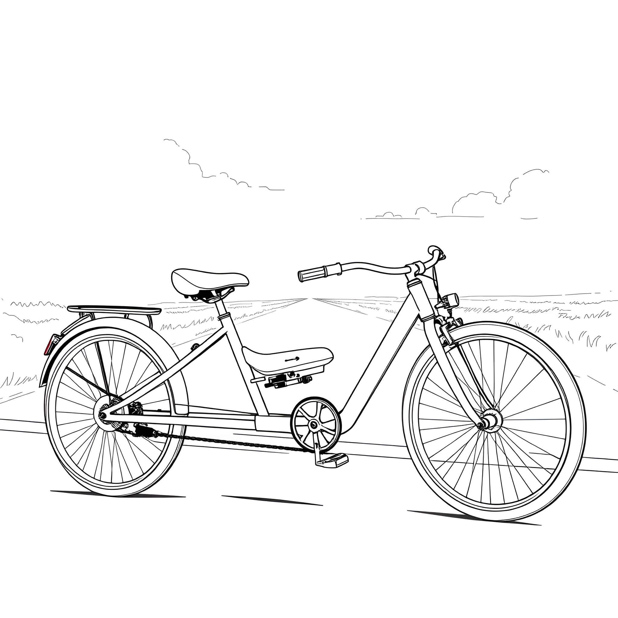 Tadpole Trike parked in scenic countryside Coloring Page (free black-and-white line drawing printable PDF for all, from beginners to advanced learners, including children, teens, adults, and seniors)