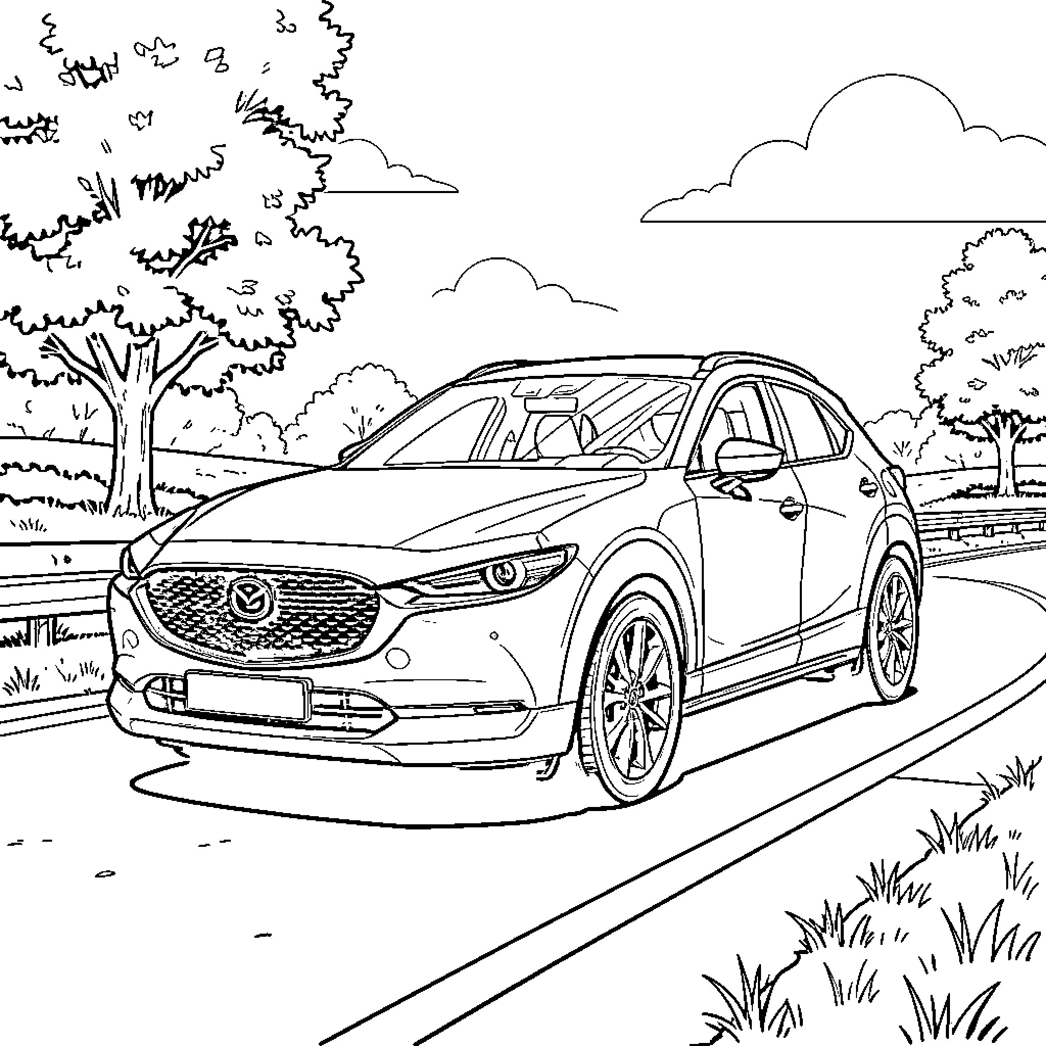 Mazda SUV driving through scenic countryside Coloring Page (free black-and-white line drawing printable PDF for all, from beginners to advanced learners, including children, teens, adults, and seniors)