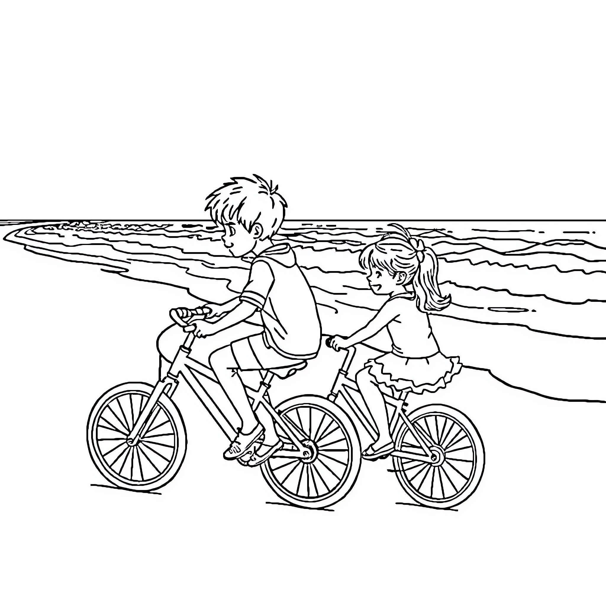 Boy and Girl Riding Bicycles by the Beach Coloring Page (free black-and-white line drawing printable PDF for all, from beginners to advanced learners, including children, teens, adults, and seniors)