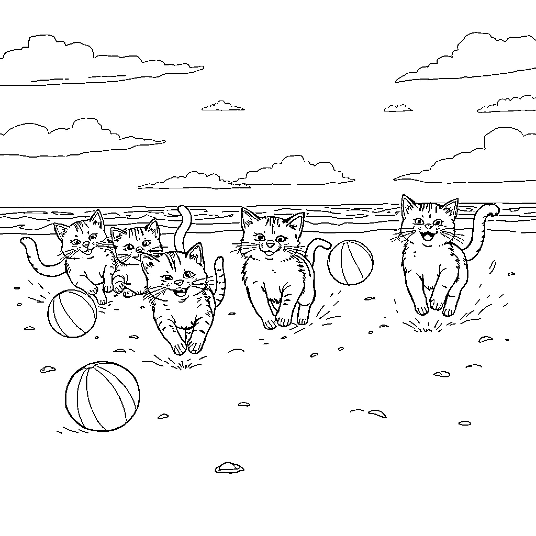 Cats playing on the beach Coloring Page (free black-and-white line drawing printable PDF for all, from beginners to advanced learners, including children, teens, adults, and seniors)