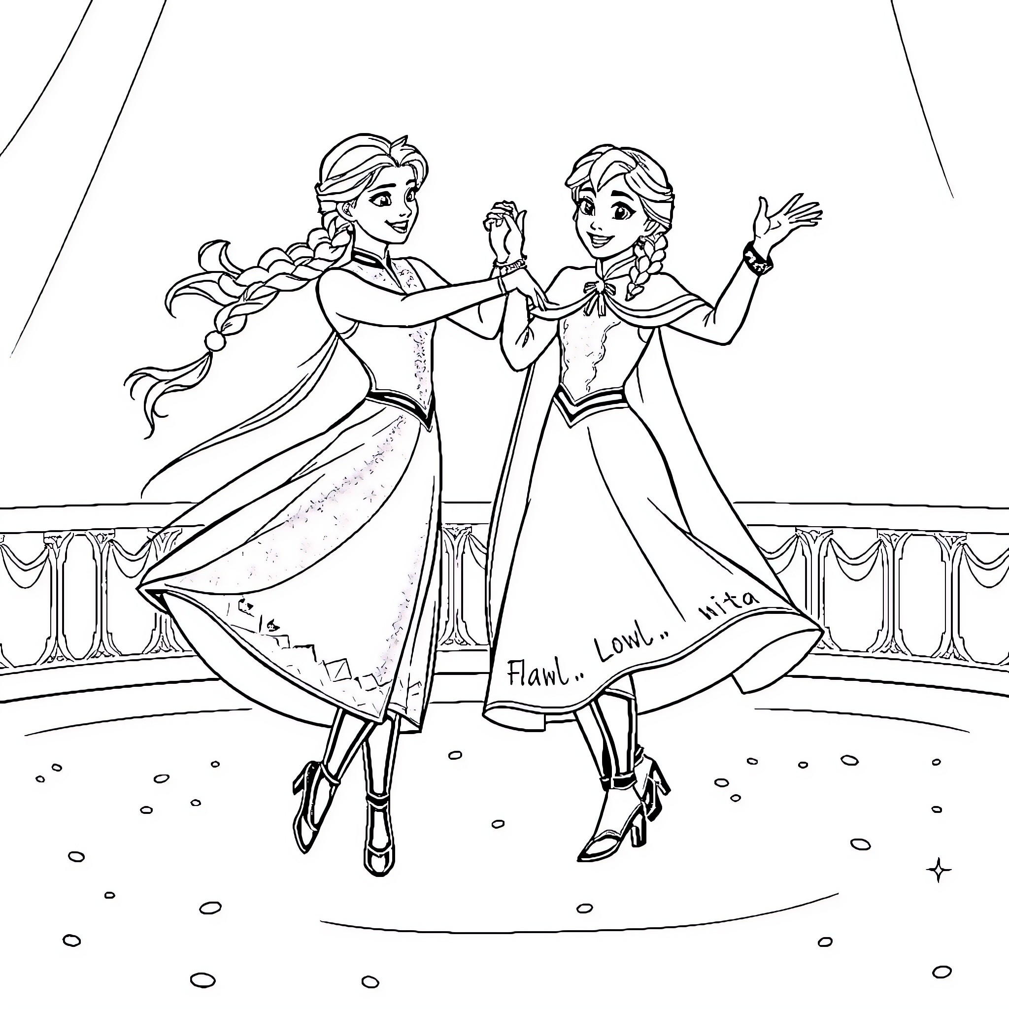 Elsa and Anna dancing joyfully on stage Coloring Page (free black-and-white line drawing printable PDF for all, from beginners to advanced learners, including children, teens, adults, and seniors)