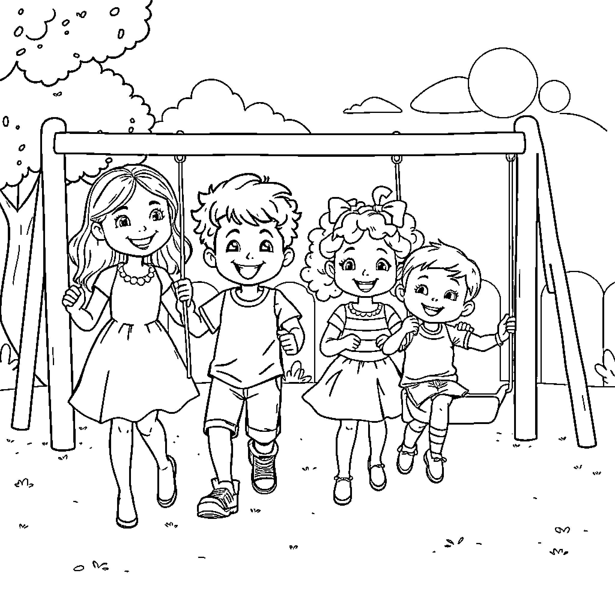 Child friends playing together on the playground Coloring Page (free black-and-white line drawing printable PDF for all, from beginners to advanced learners, including children, teens, adults, and seniors)