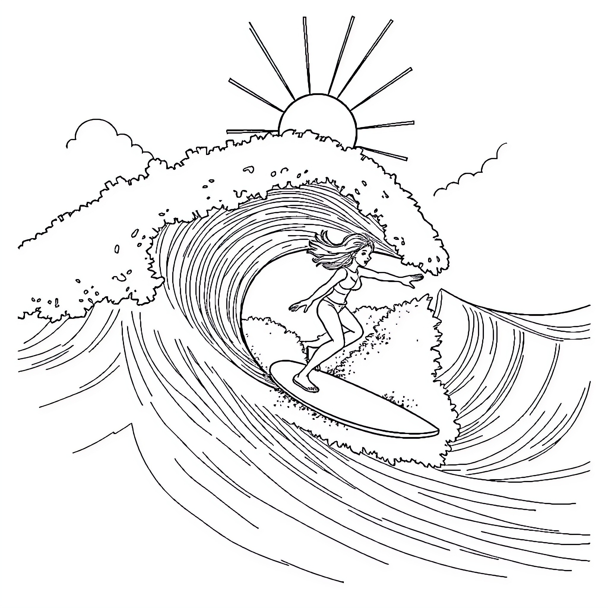 Surfer riding the powerful wave against the sun Coloring Page (free black-and-white line drawing printable PDF for all, from beginners to advanced learners, including children, teens, adults, and seniors)