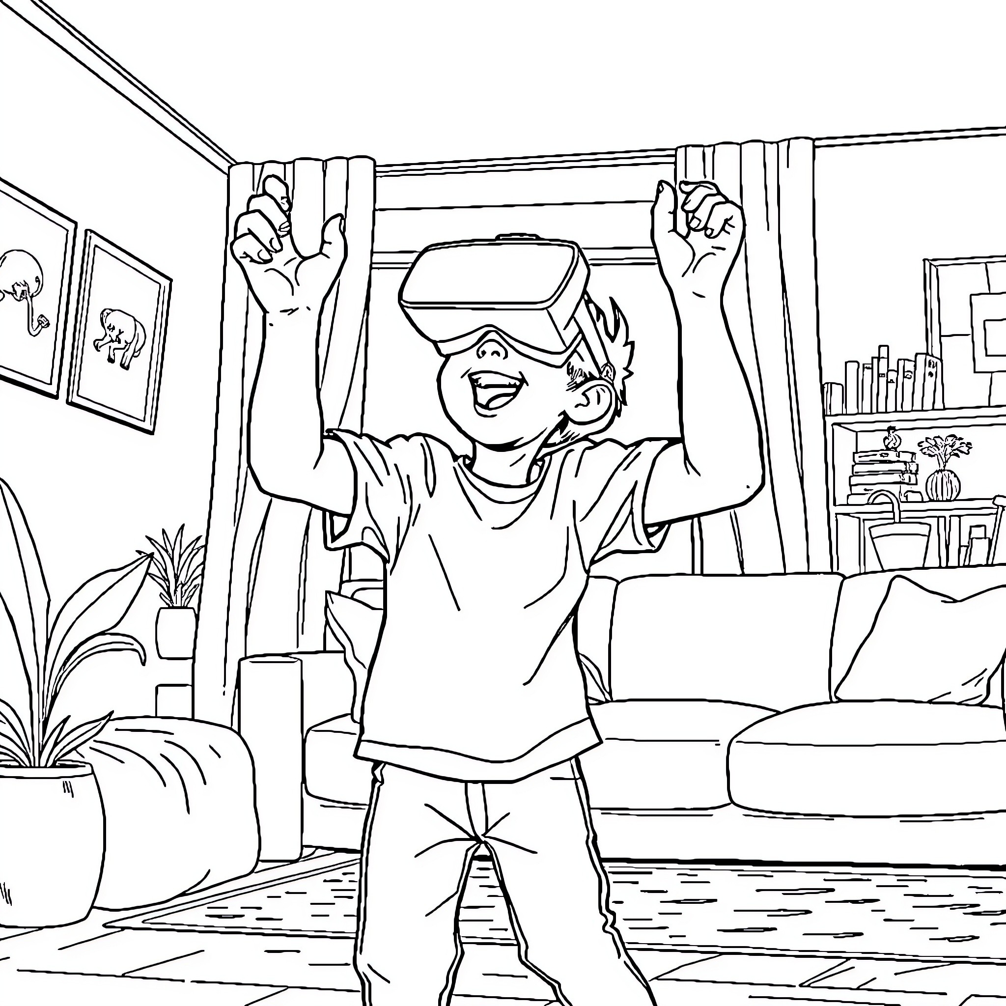 Boy Enjoying Virtual Reality Experience in Room Coloring Page (free black-and-white line drawing printable PDF for all, from beginners to advanced learners, including children, teens, adults, and seniors)
