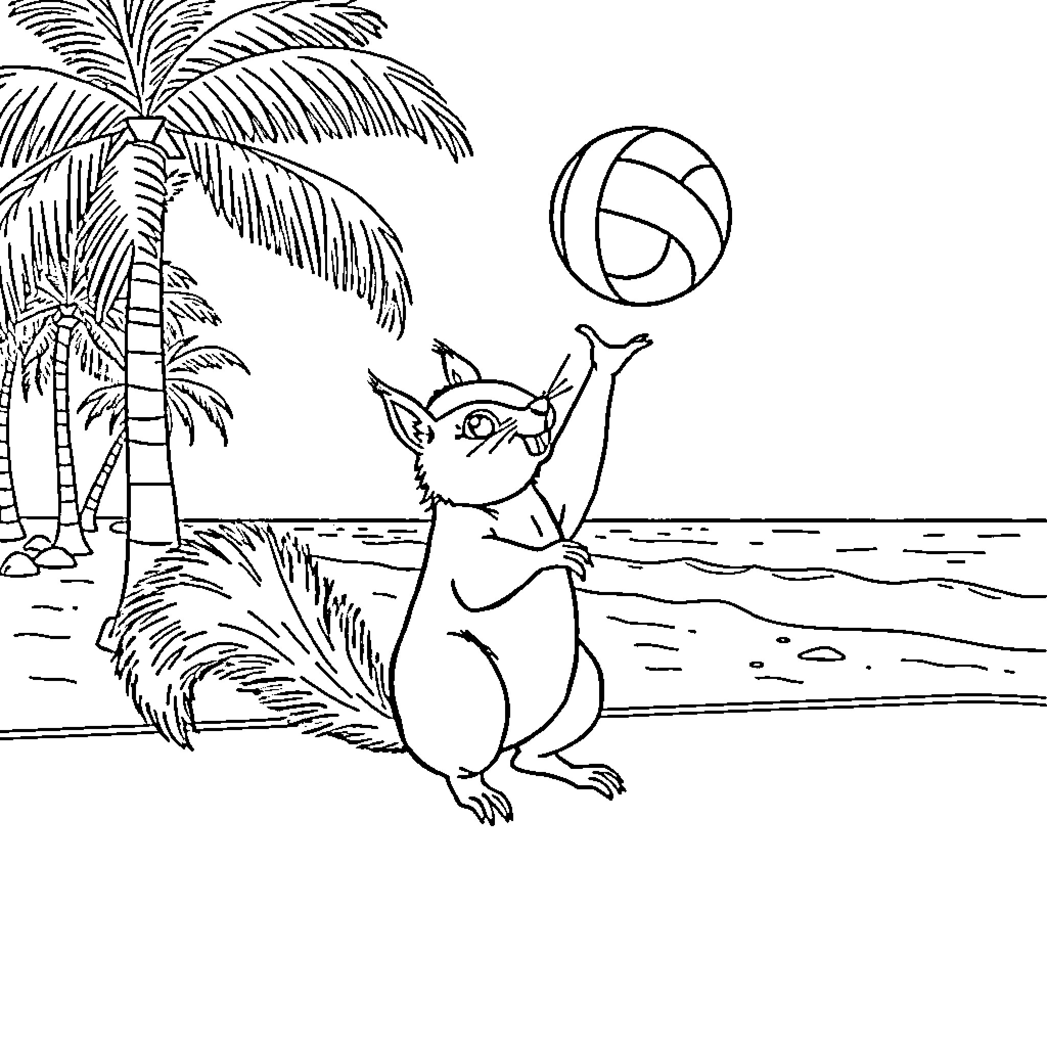 Squirrel playing with beach ball on tropical beach Coloring Page (free black-and-white line drawing printable PDF for all, from beginners to advanced learners, including children, teens, adults, and seniors)