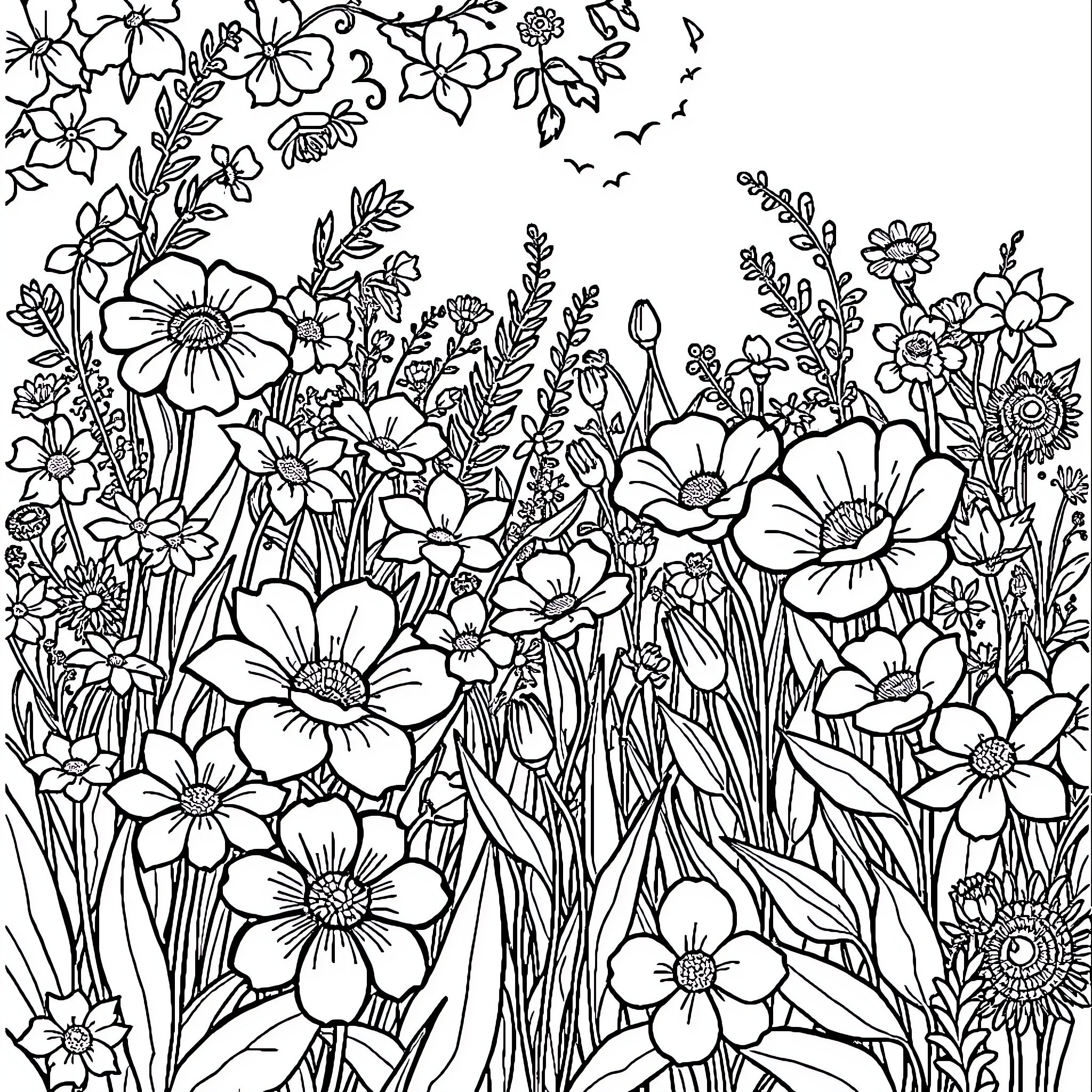 Flower Field with Blooming Floral Scenery Coloring Page (free black-and-white line drawing printable PDF for all, from beginners to advanced learners, including children, teens, adults, and seniors)