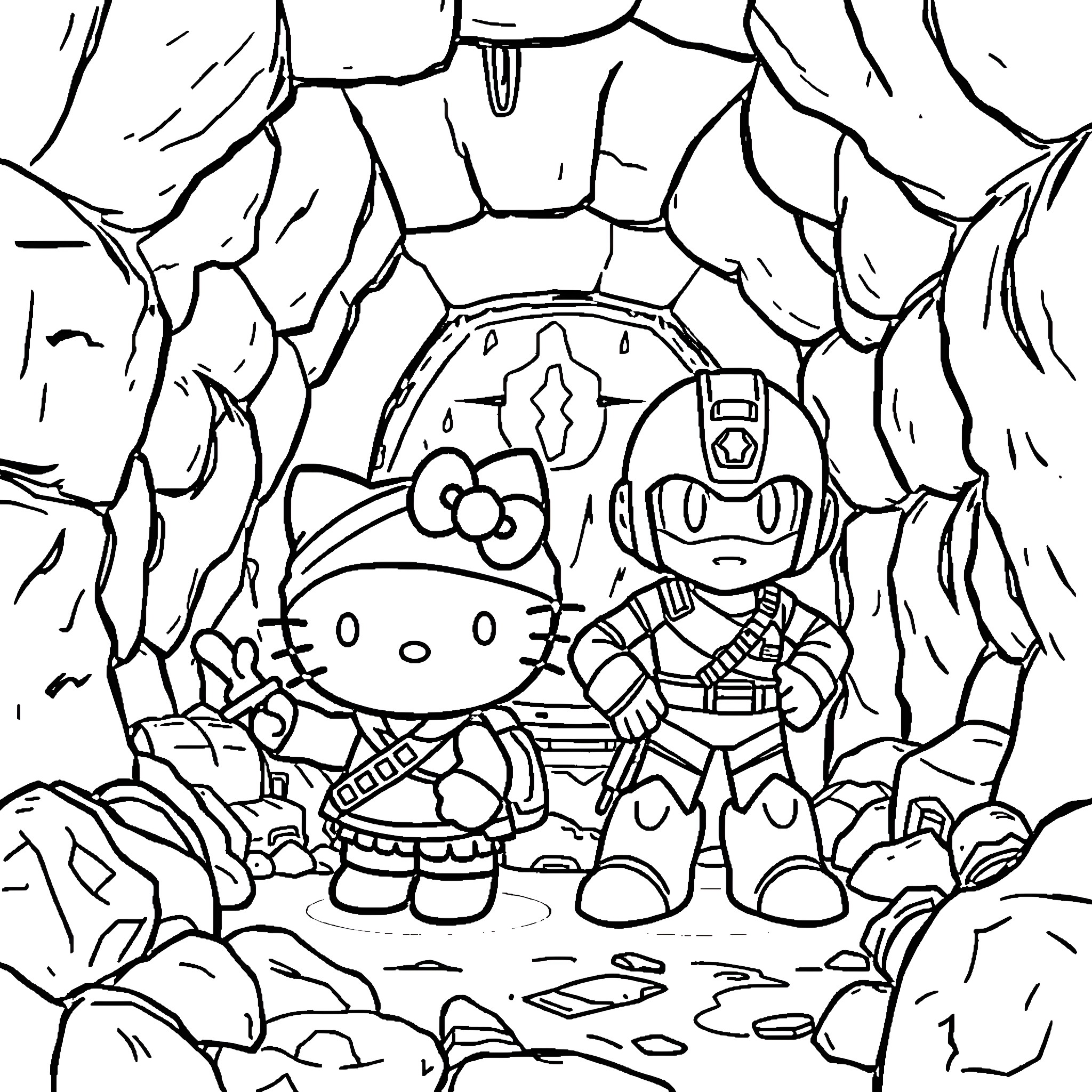 Hello Kitty exploring the rocky terrain with Mega Man Coloring Page (free black-and-white line drawing printable PDF for all, from beginners to advanced learners, including children, teens, adults, and seniors)