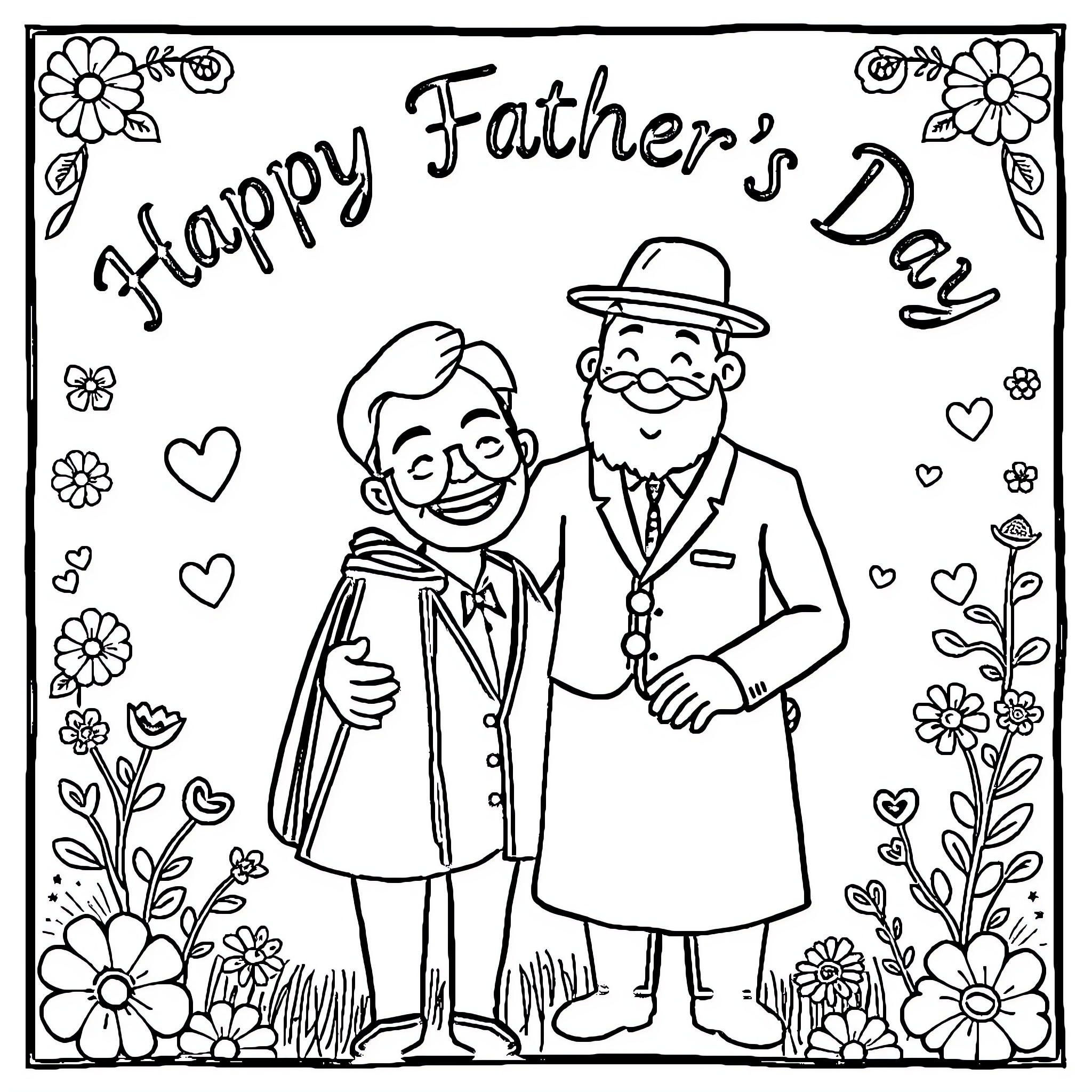 Father and Son Celebrate Happy Father's Day Coloring Page (free black-and-white line drawing printable PDF for all, from beginners to advanced learners, including children, teens, adults, and seniors)
