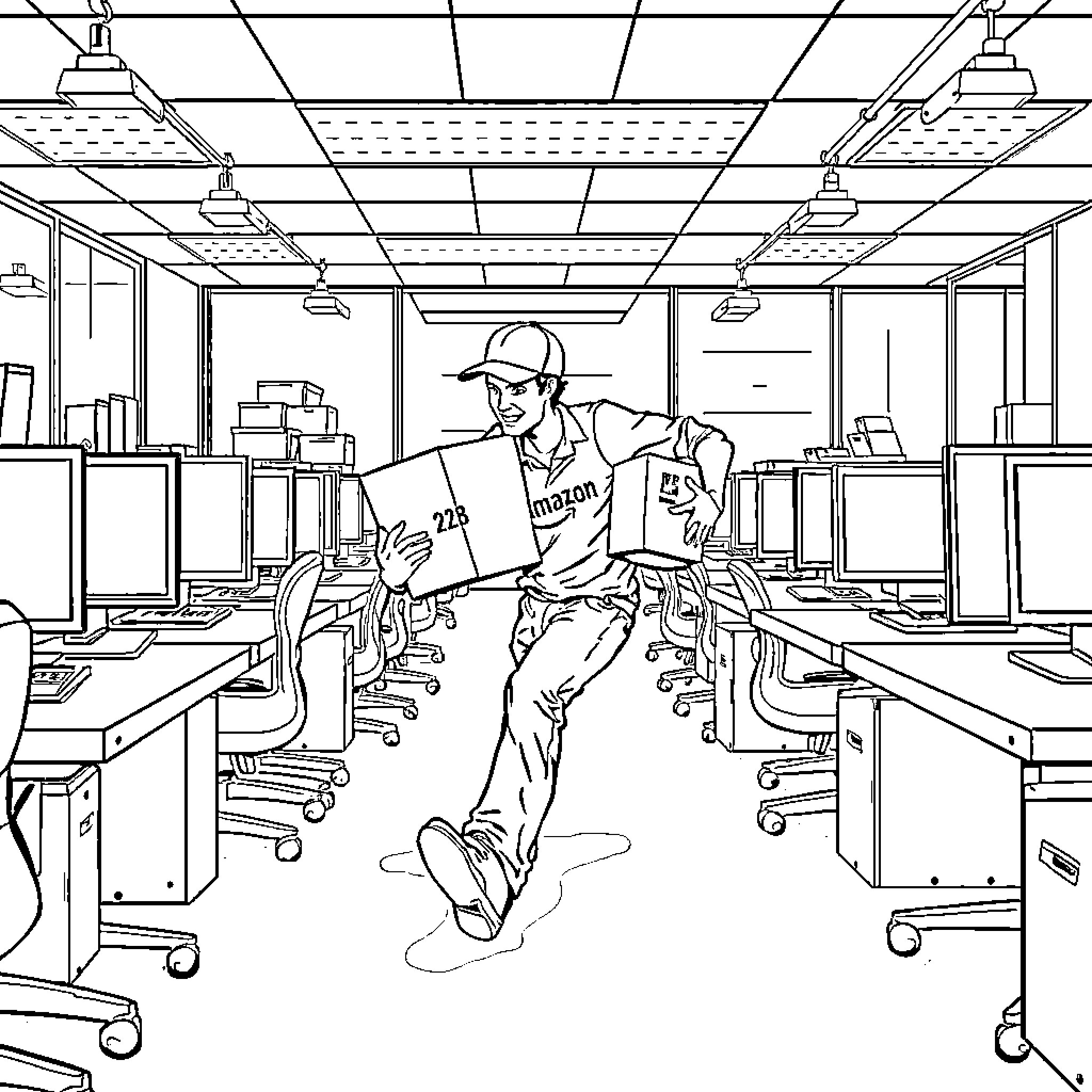 Delivery Driver Delivering Packages in Office Coloring Page (free black-and-white line drawing printable PDF for all, from beginners to advanced learners, including children, teens, adults, and seniors)