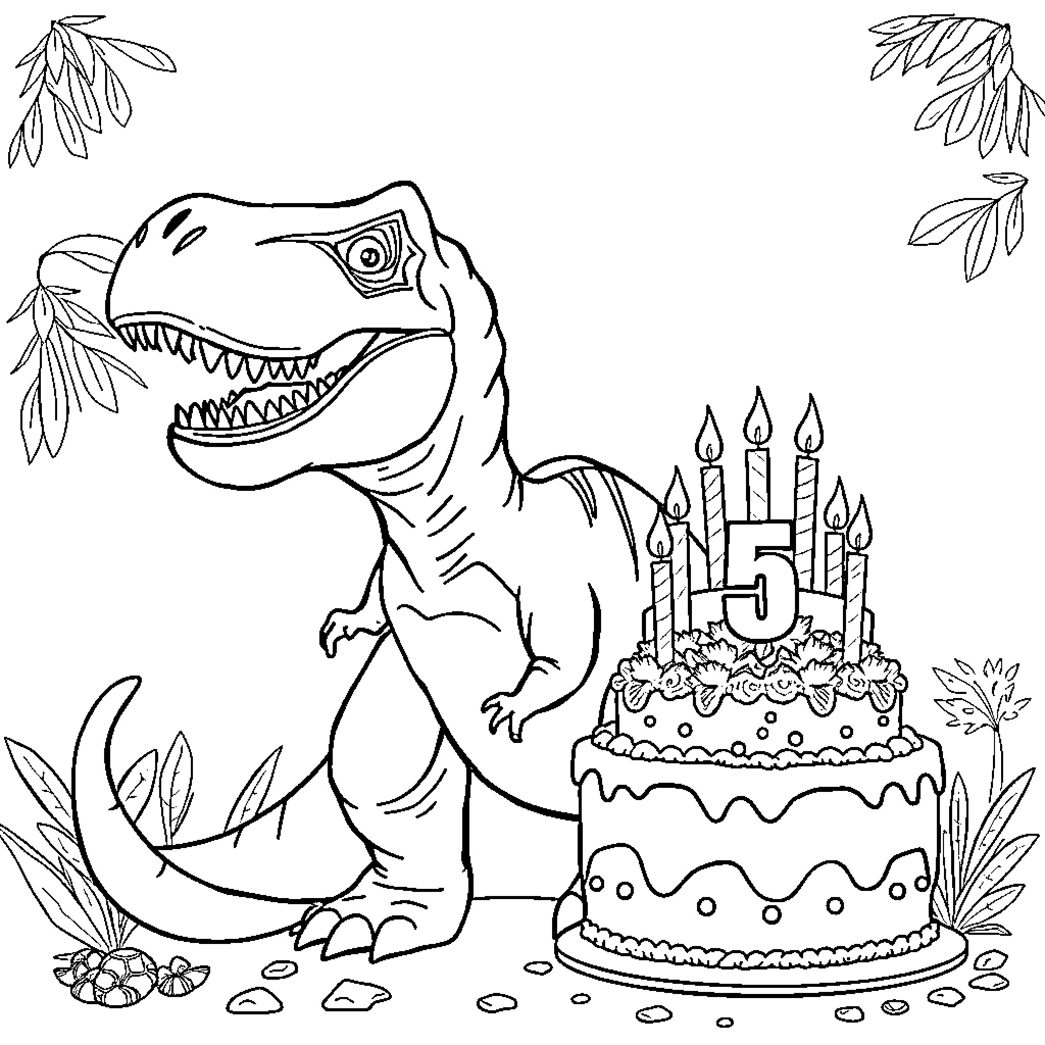 Tyrannosaurus celebrates its birthday with cake Coloring Page (free black-and-white line drawing printable PDF for all, from beginners to advanced learners, including children, teens, adults, and seniors)