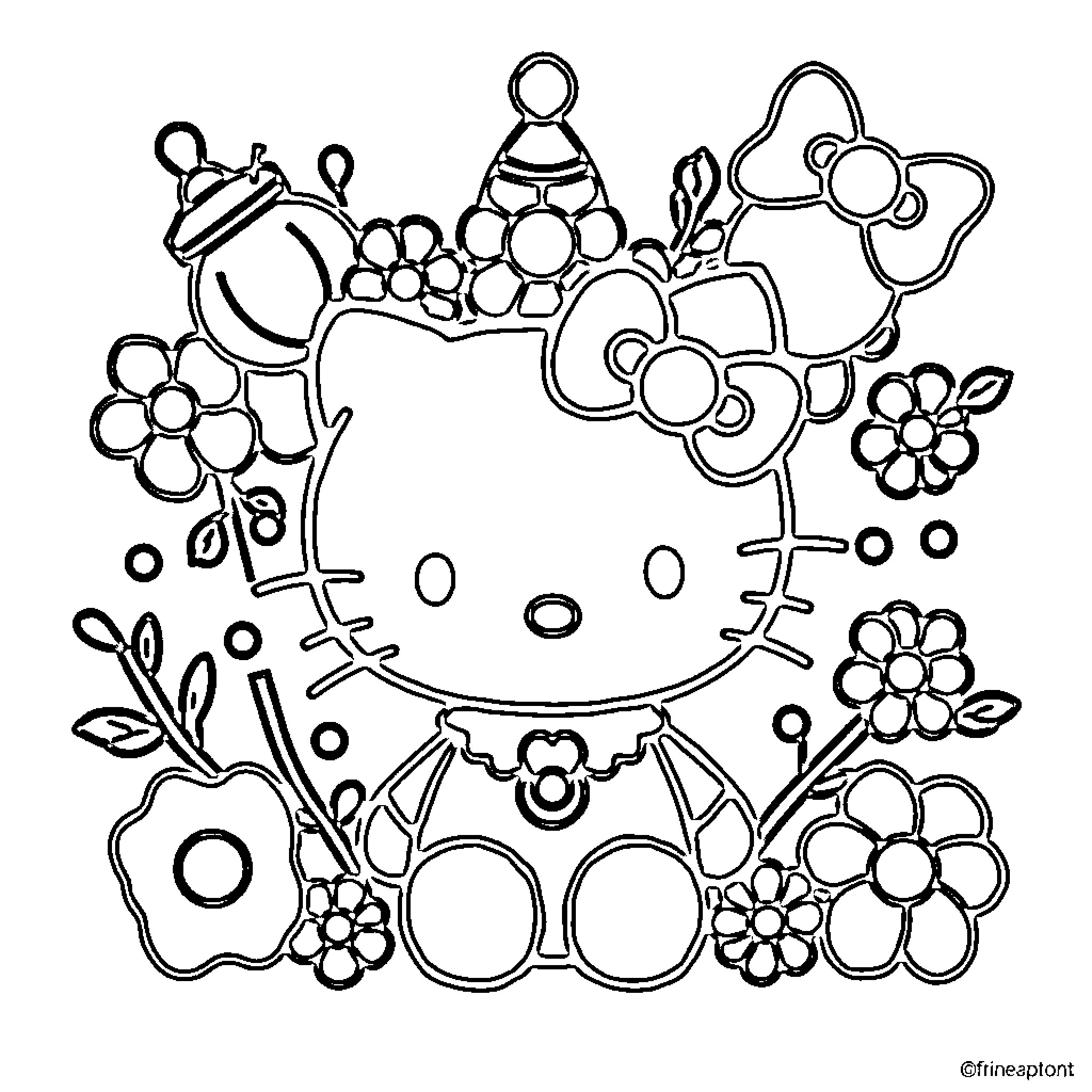 Hello Kitty surrounded by whimsical floral decor Coloring Page (free black-and-white line drawing printable PDF for all, from beginners to advanced learners, including children, teens, adults, and seniors)