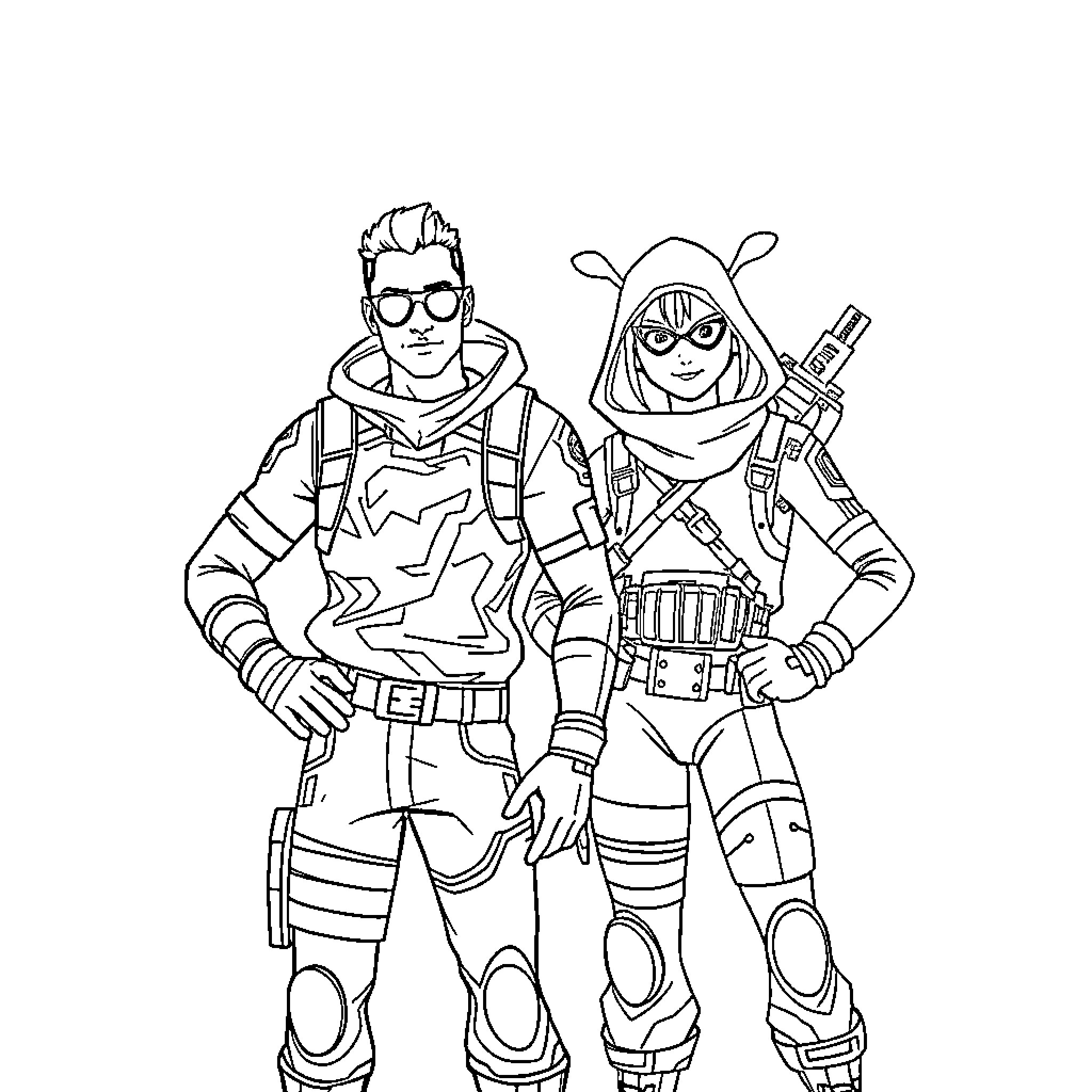 Fortnite Skin Two Players in Action Poses Coloring Page (free black-and-white line drawing printable PDF for all, from beginners to advanced learners, including children, teens, adults, and seniors)