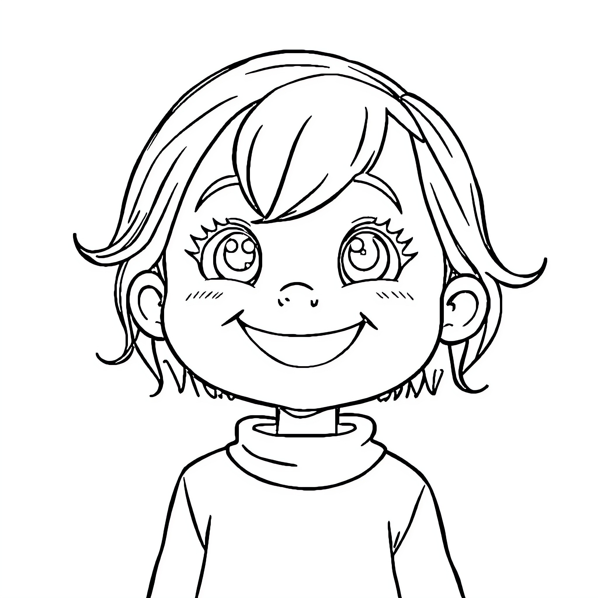 Sasha's Cheerful Smile and Simple Attire Coloring Page (free black-and-white line drawing printable PDF for all, from beginners to advanced learners, including children, teens, adults, and seniors)