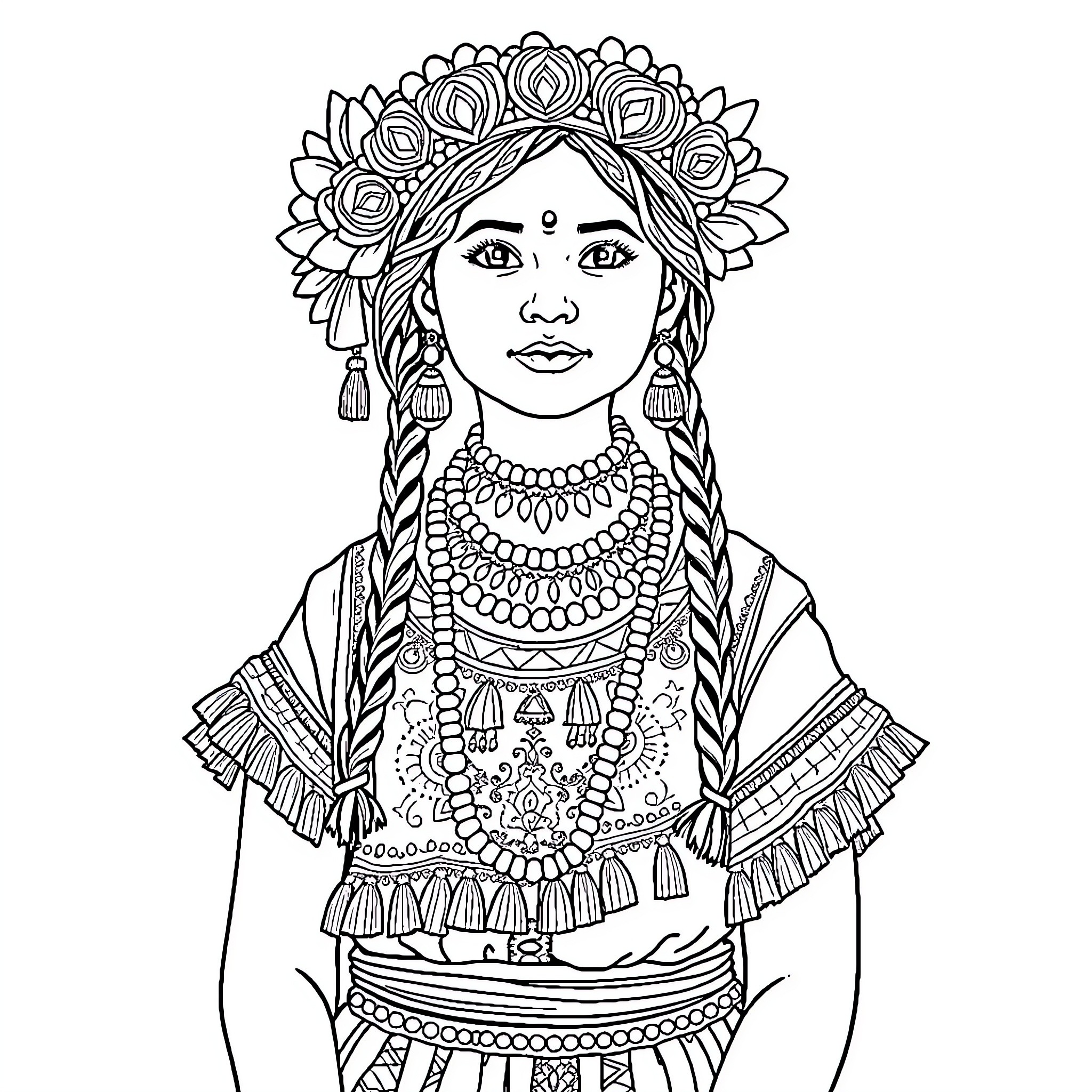 Girl adorned with ethnic jewelry and headpiece Coloring Page (free black-and-white line drawing printable PDF for all, from beginners to advanced learners, including children, teens, adults, and seniors)