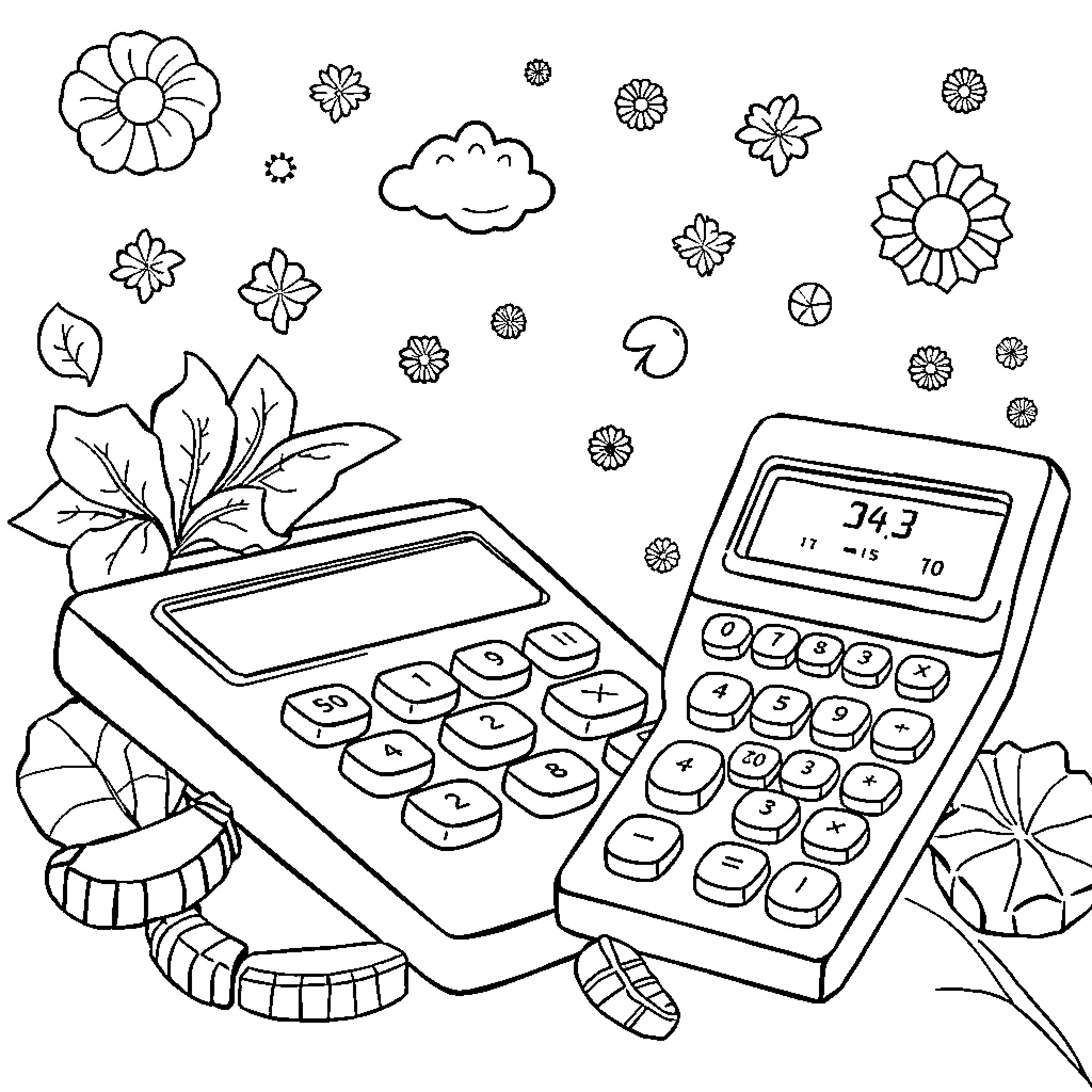 Math Lesson with Calculators and Flowers Coloring Page (free black-and-white line drawing printable PDF for all, from beginners to advanced learners, including children, teens, adults, and seniors)