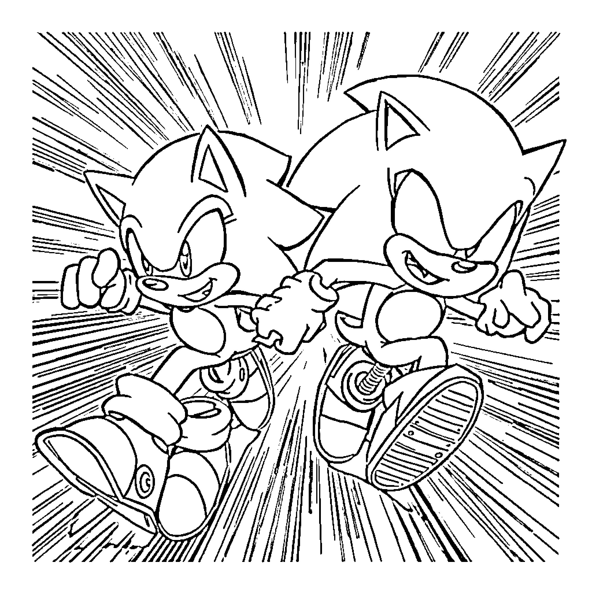 Sonic characters battling in dynamic action scene Coloring Page (free black-and-white line drawing printable PDF for all, from beginners to advanced learners, including children, teens, adults, and seniors)